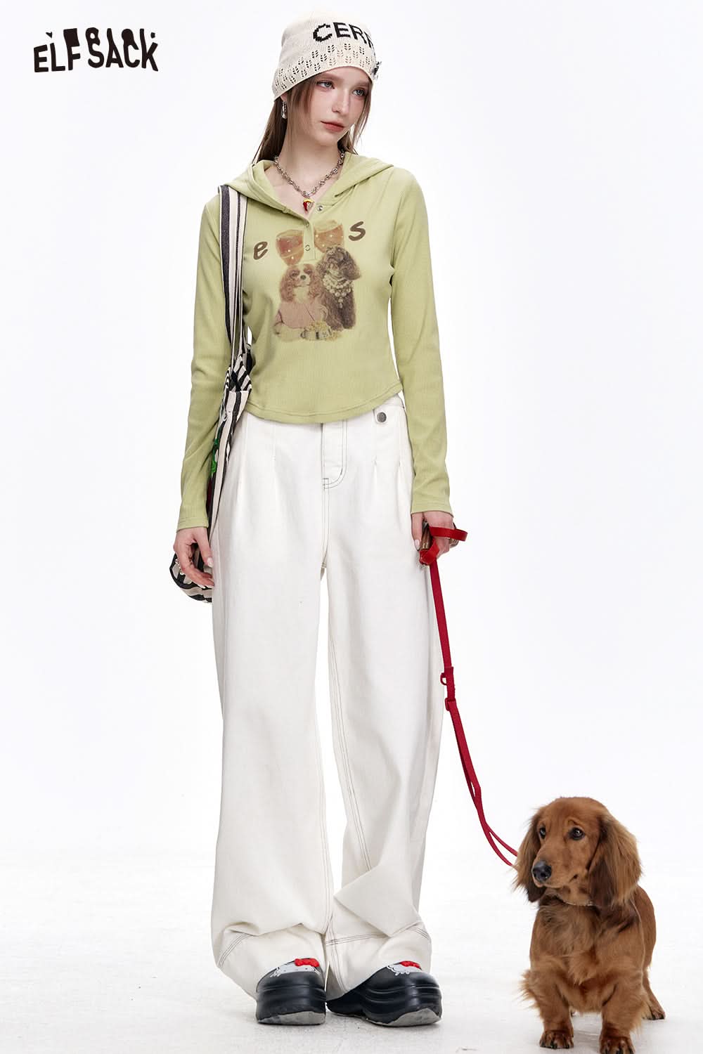 ELFSACK Cute Casual Puppy Printed Hooded Short T-shirt Women