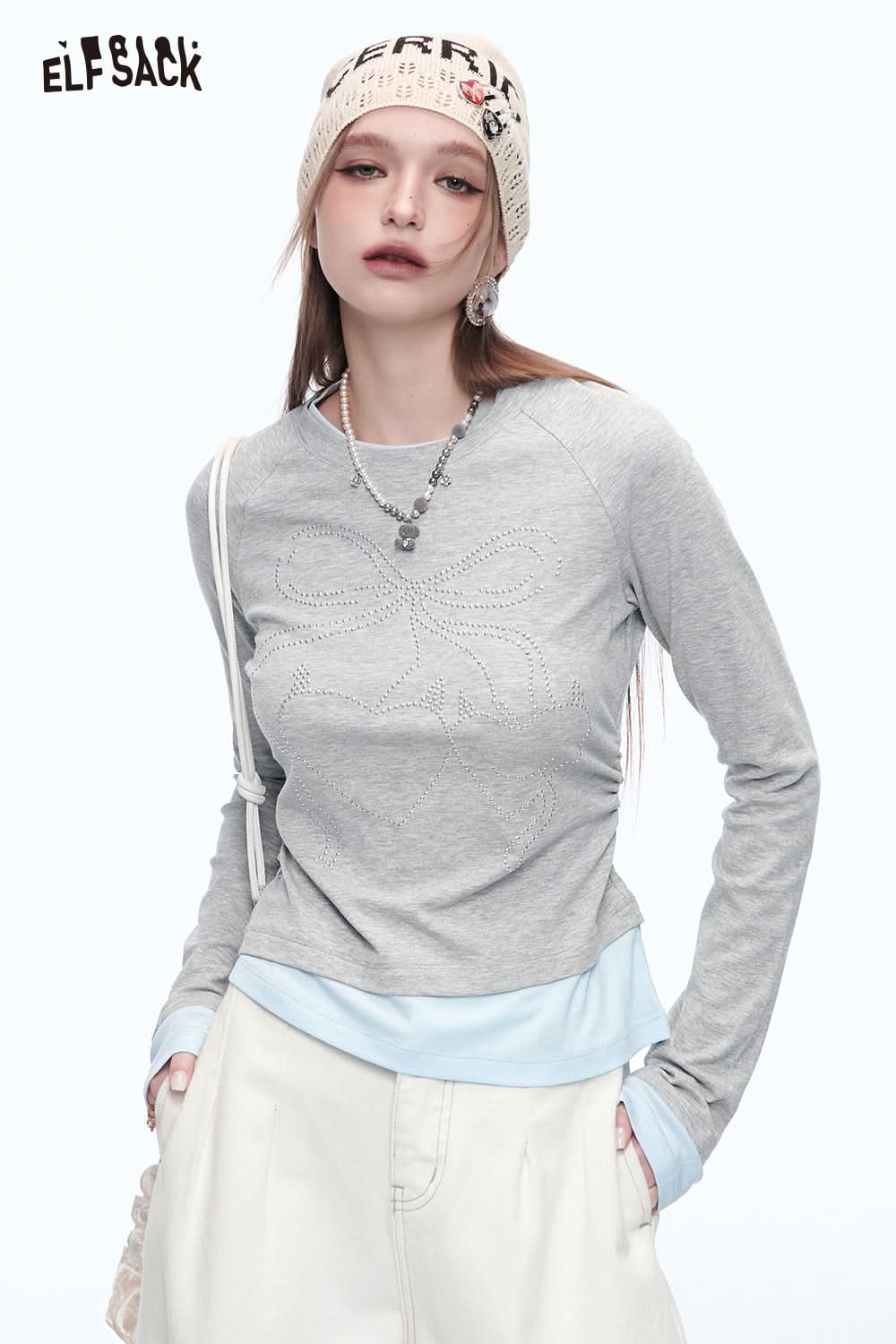 ELFSACK Bowknot Diamond Stitching Long Sleeve Slim Fit T-Shirt Women
