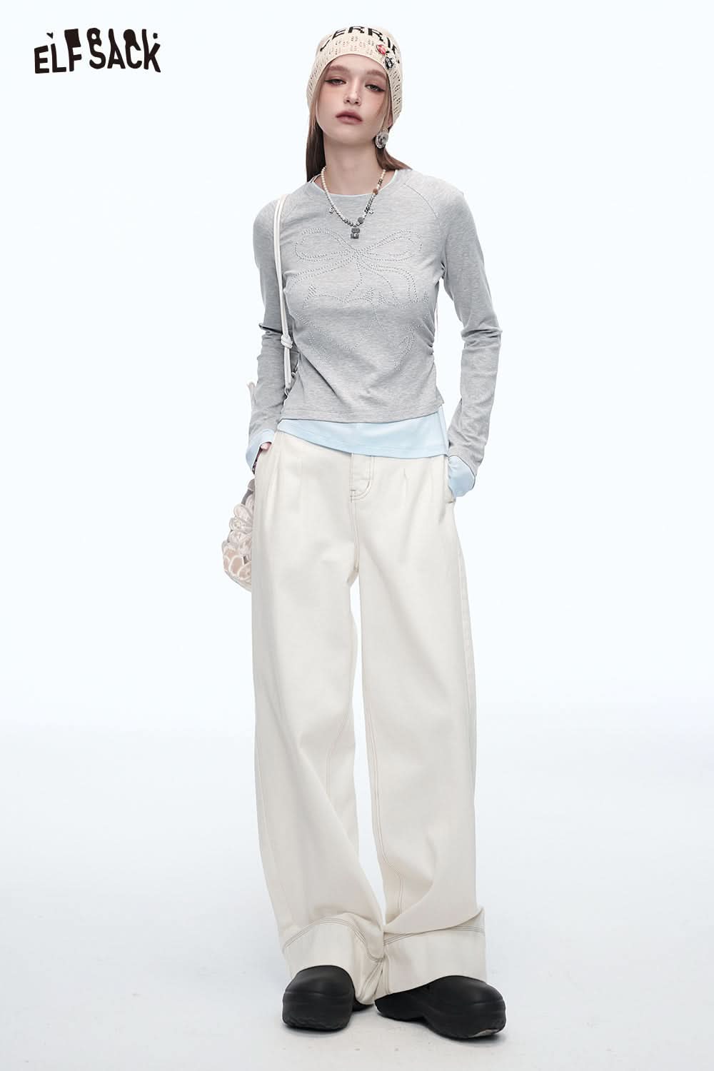 ELFSACK Bowknot Diamond Stitching Long Sleeve Slim Fit T-Shirt Women