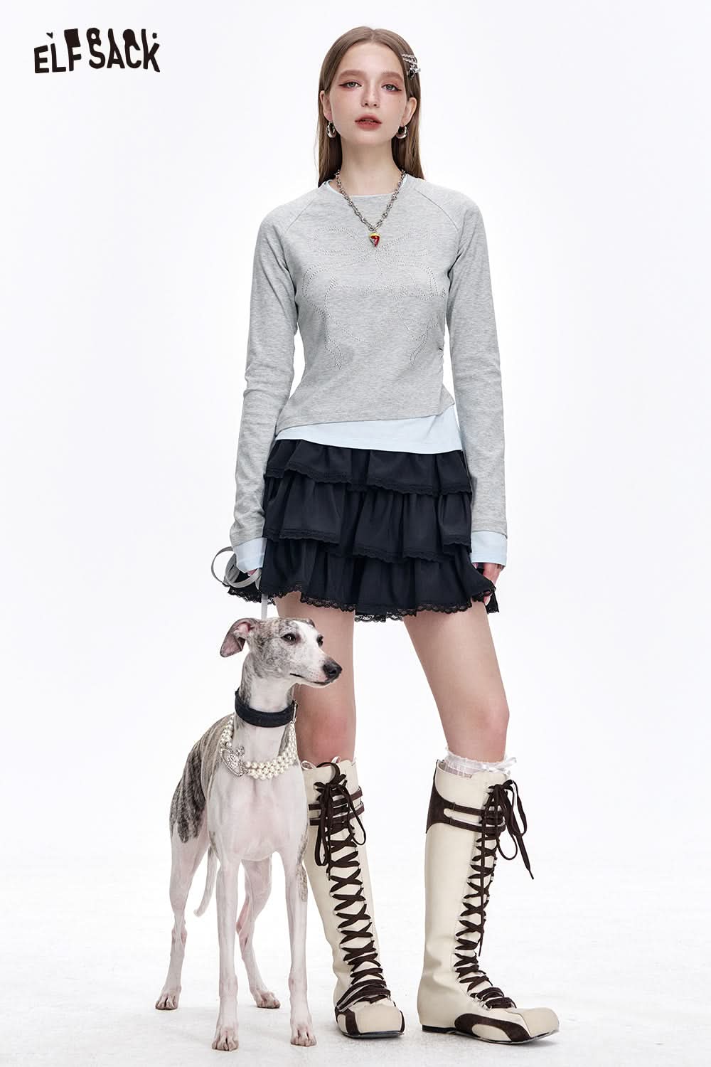 ELFSACK Bowknot Diamond Stitching Long Sleeve Slim Fit T-Shirt Women