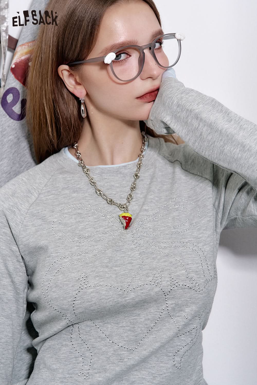 ELFSACK Bowknot Diamond Stitching Long Sleeve Slim Fit T-Shirt Women