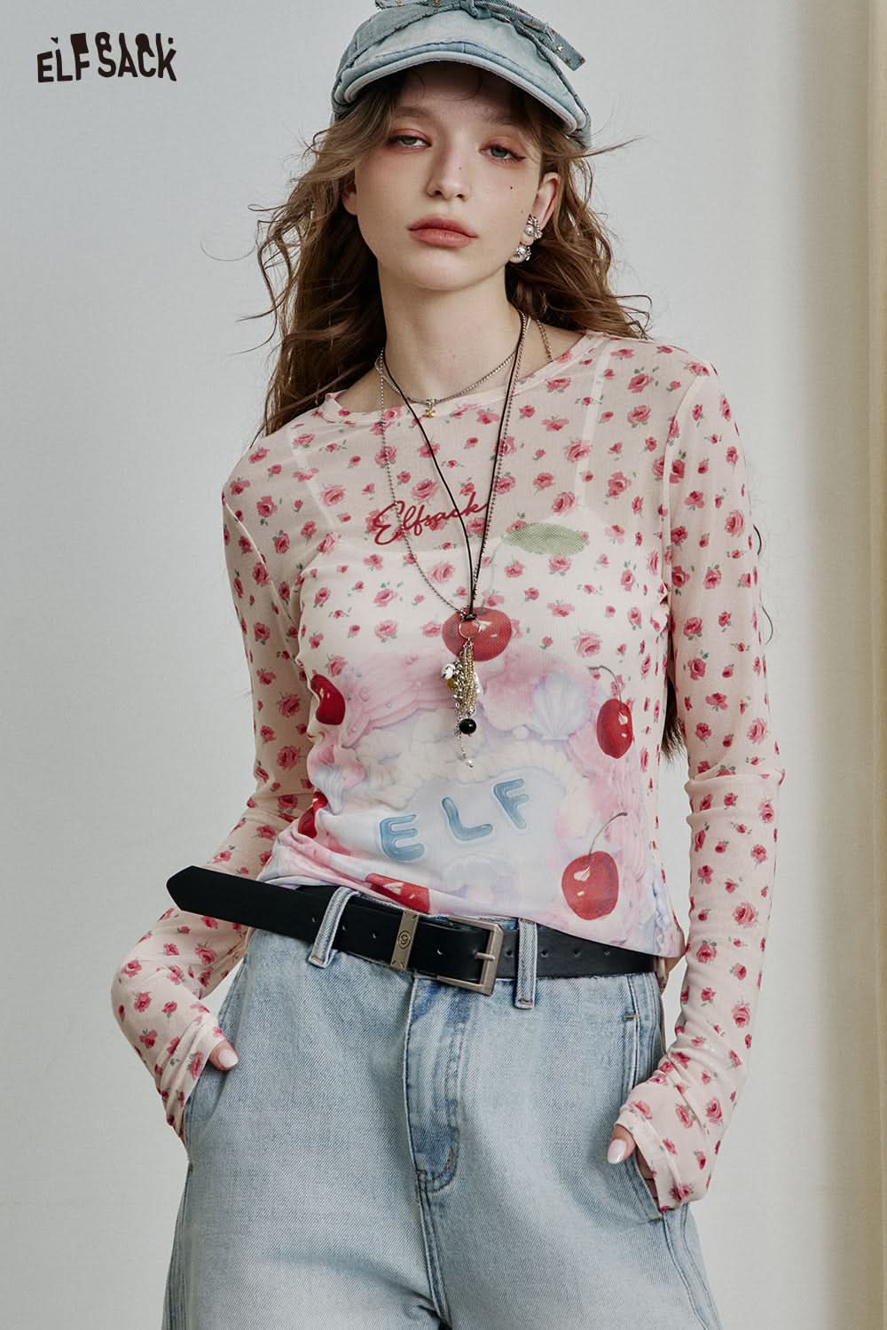 ELFSACK Full print slim fit mesh long sleeve t-shirt Y2K cute sexy semi-transparent top