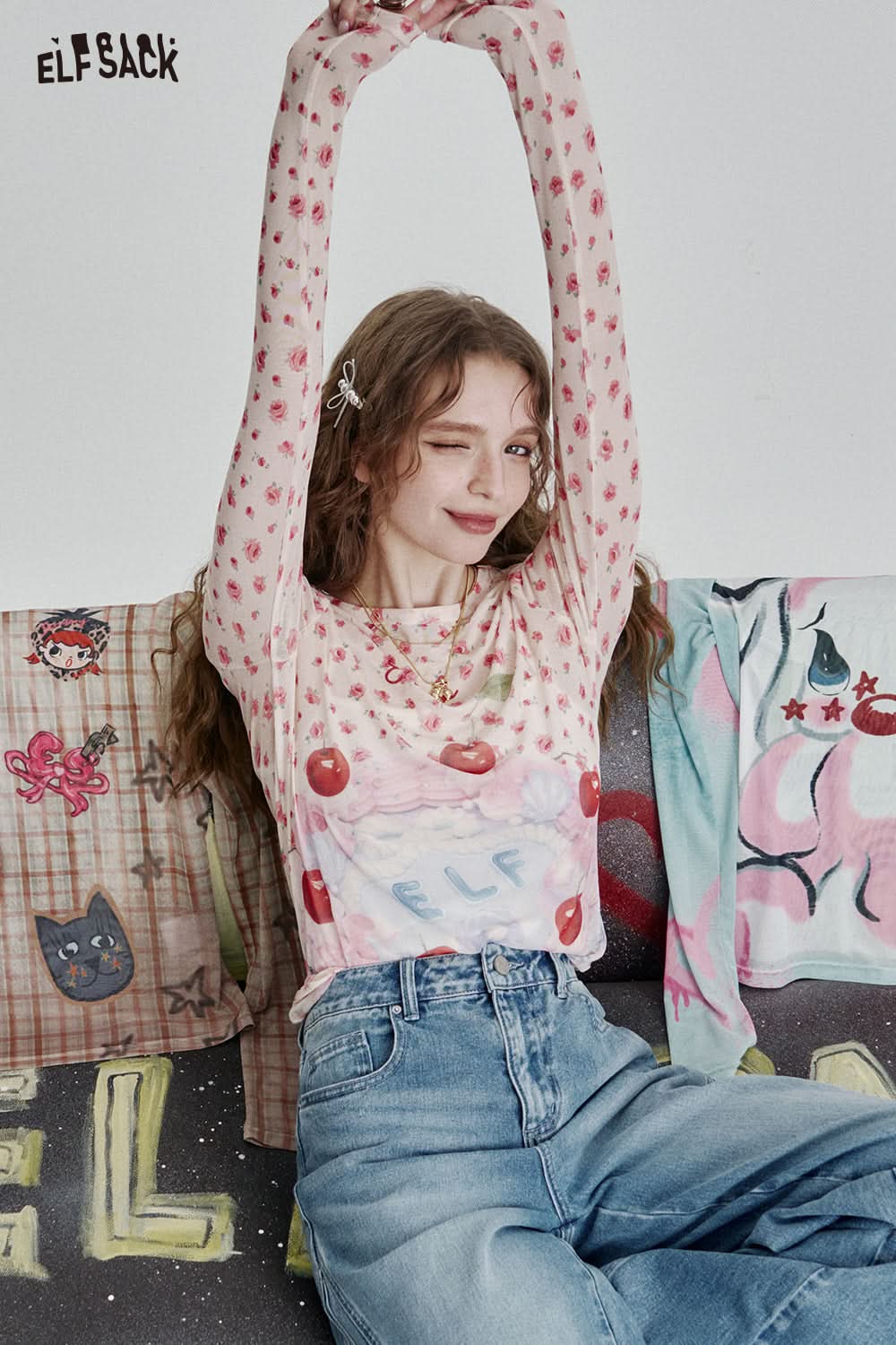 ELFSACK Full print slim fit mesh long sleeve t-shirt Y2K cute sexy semi-transparent top