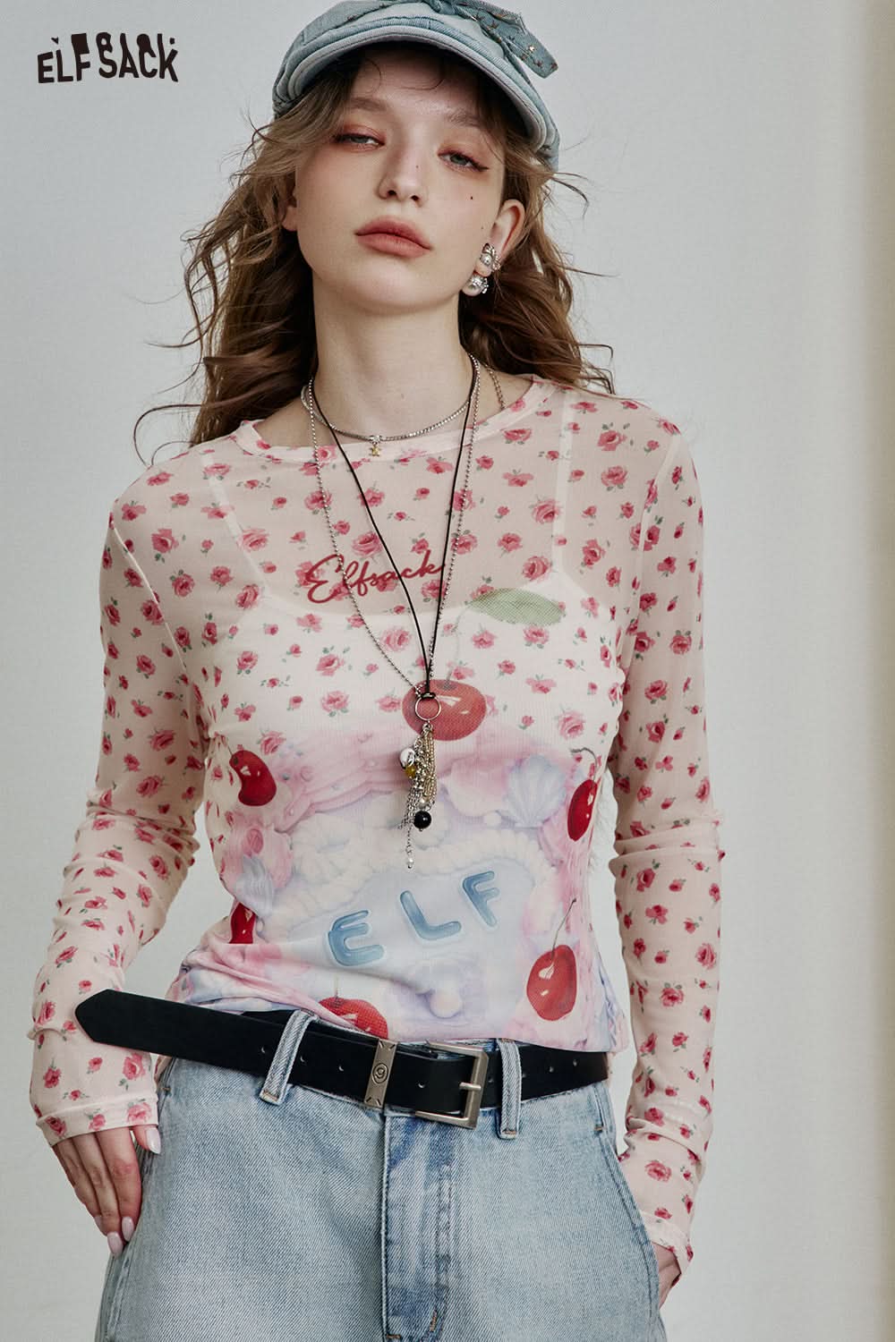 ELFSACK Full print slim fit mesh long sleeve t-shirt Y2K cute sexy semi-transparent top