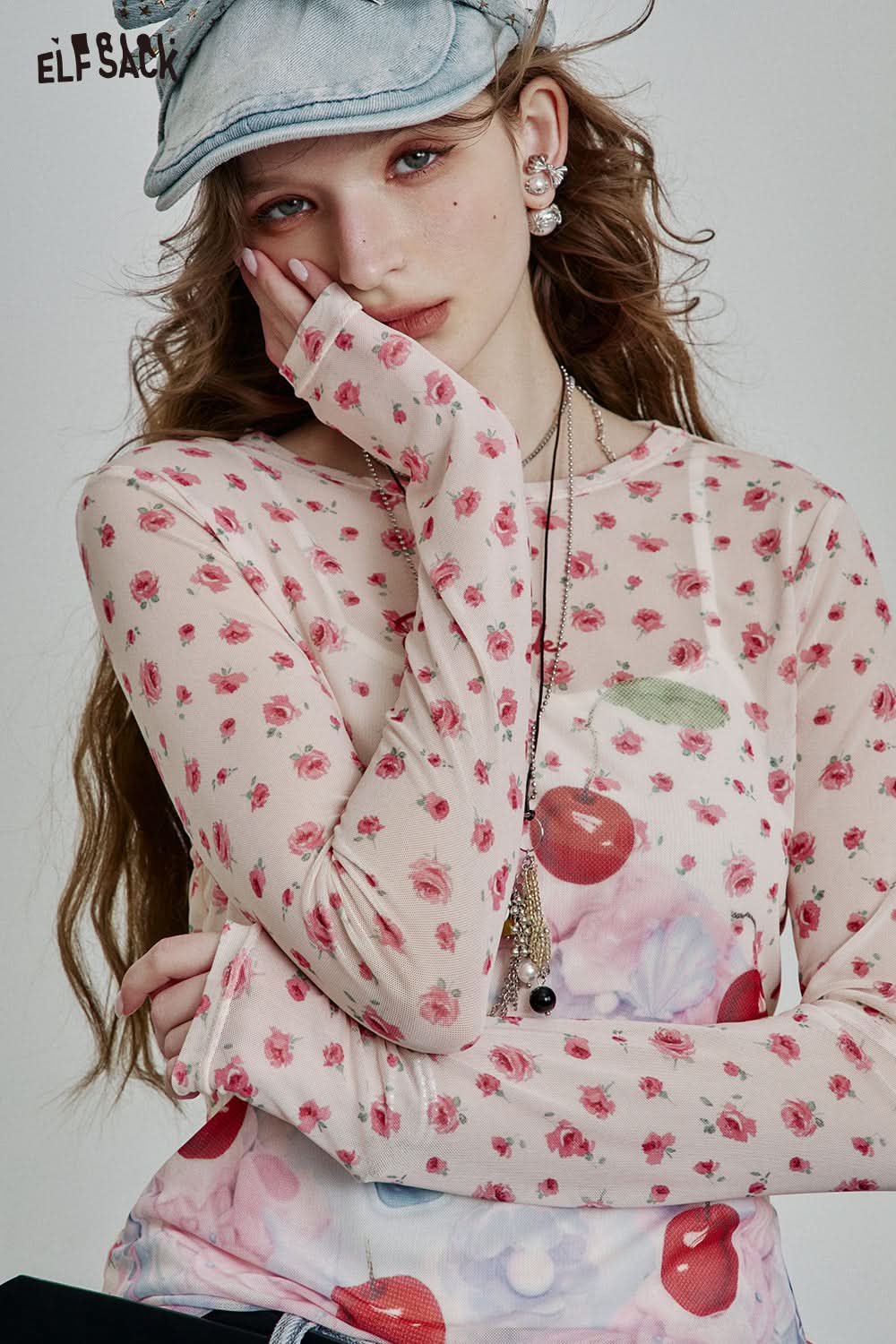 ELFSACK Full print slim fit mesh long sleeve t-shirt Y2K cute sexy semi-transparent top