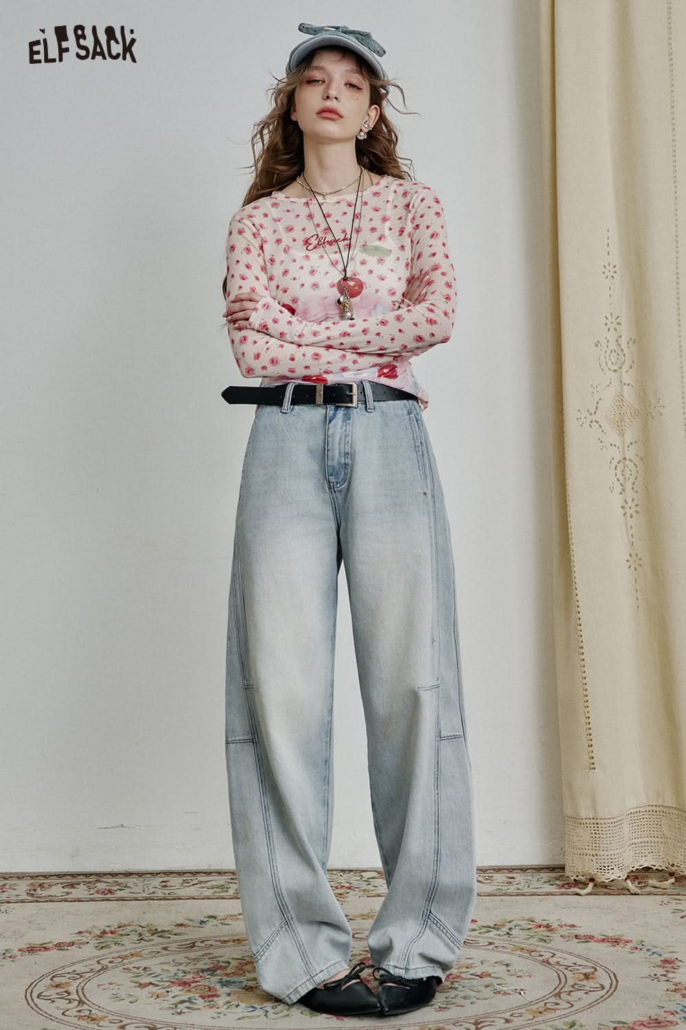 ELFSACK Full print slim fit mesh long sleeve t-shirt Y2K cute sexy semi-transparent top