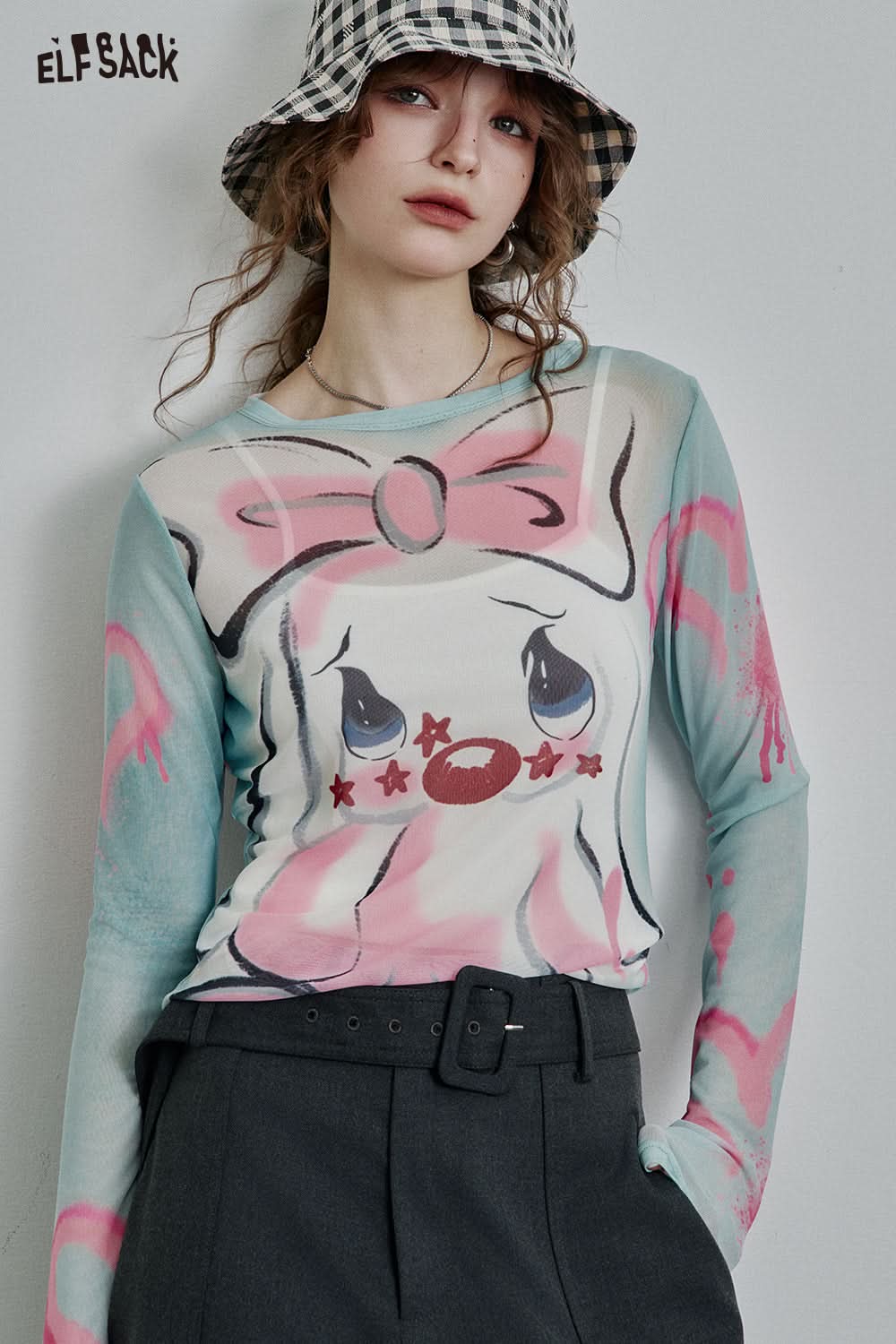 ELFSACK Full print slim fit mesh long sleeve t-shirt Y2K cute sexy semi-transparent top