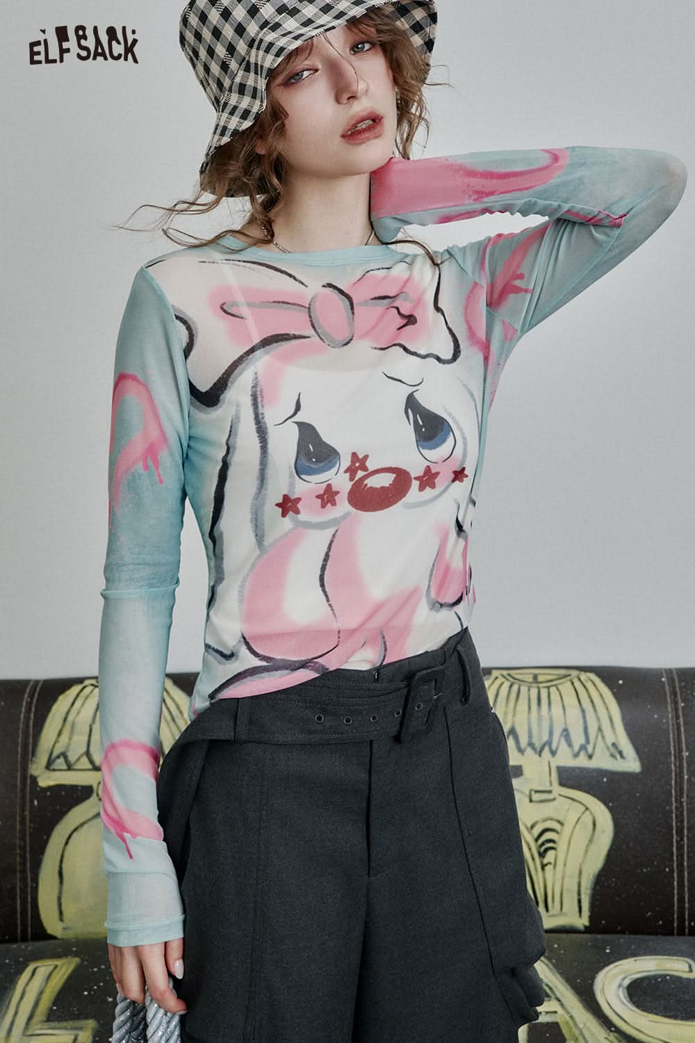 ELFSACK Full print slim fit mesh long sleeve t-shirt Y2K cute sexy semi-transparent top