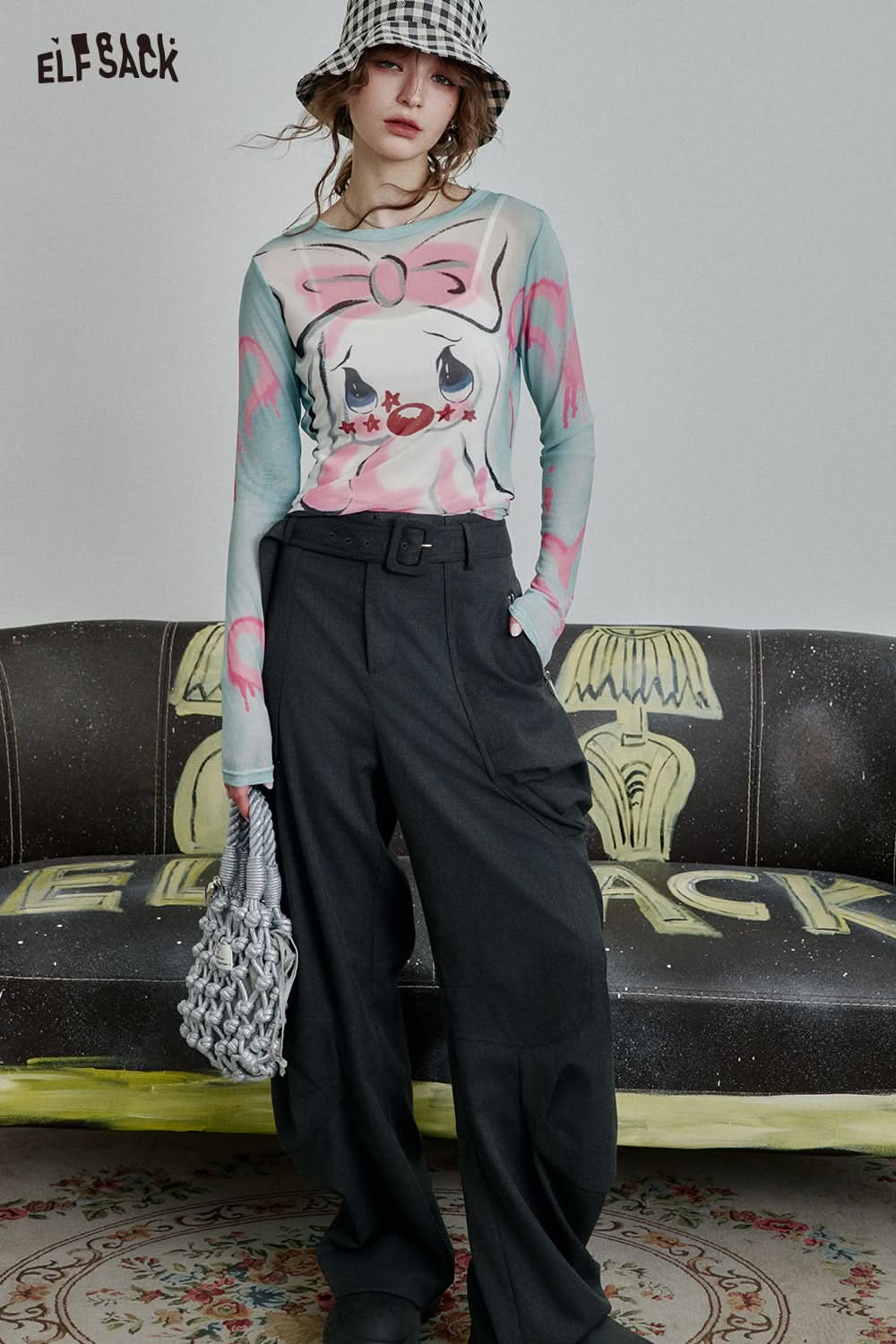 ELFSACK Full print slim fit mesh long sleeve t-shirt Y2K cute sexy semi-transparent top