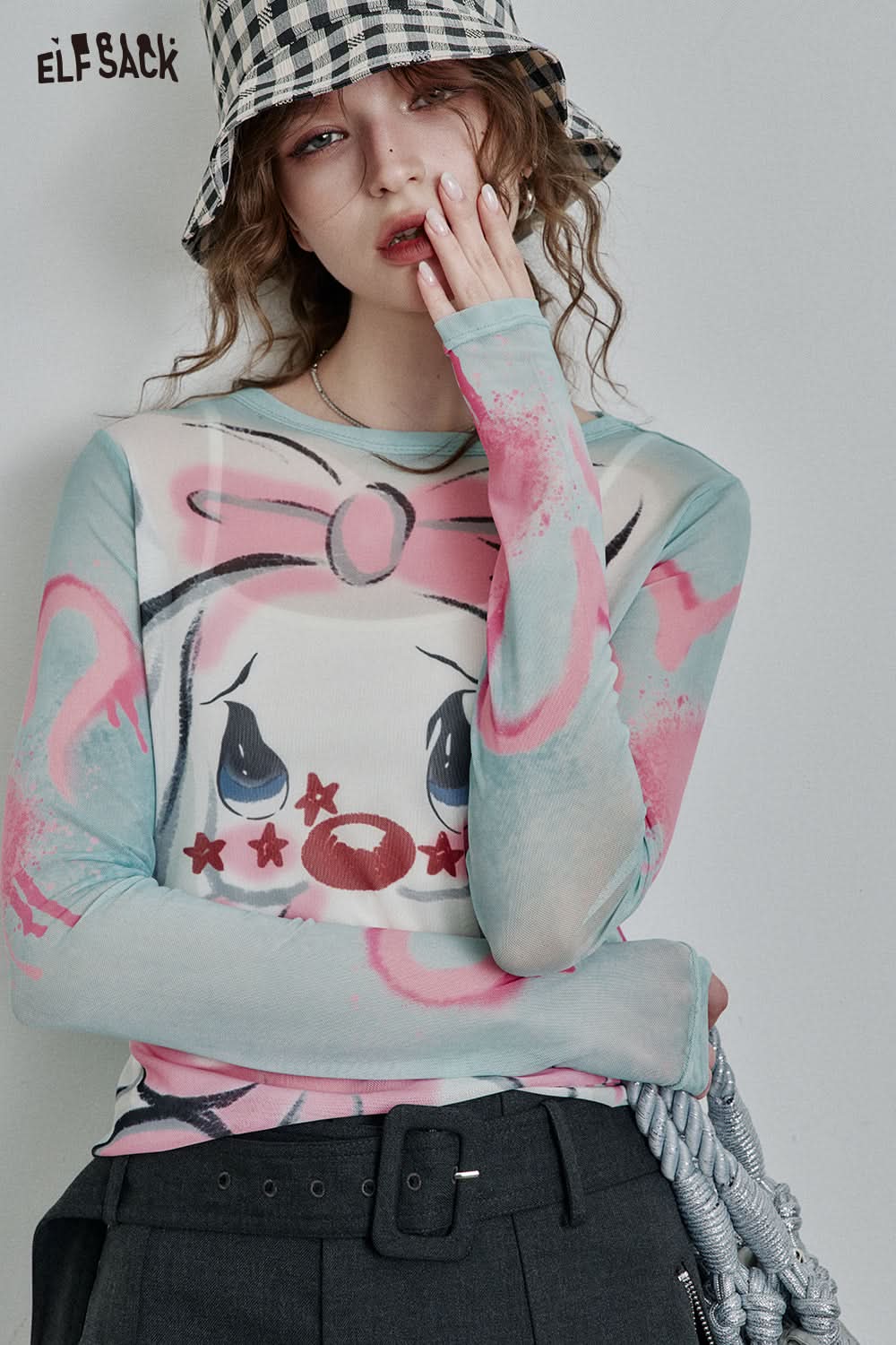 ELFSACK Full print slim fit mesh long sleeve t-shirt Y2K cute sexy semi-transparent top