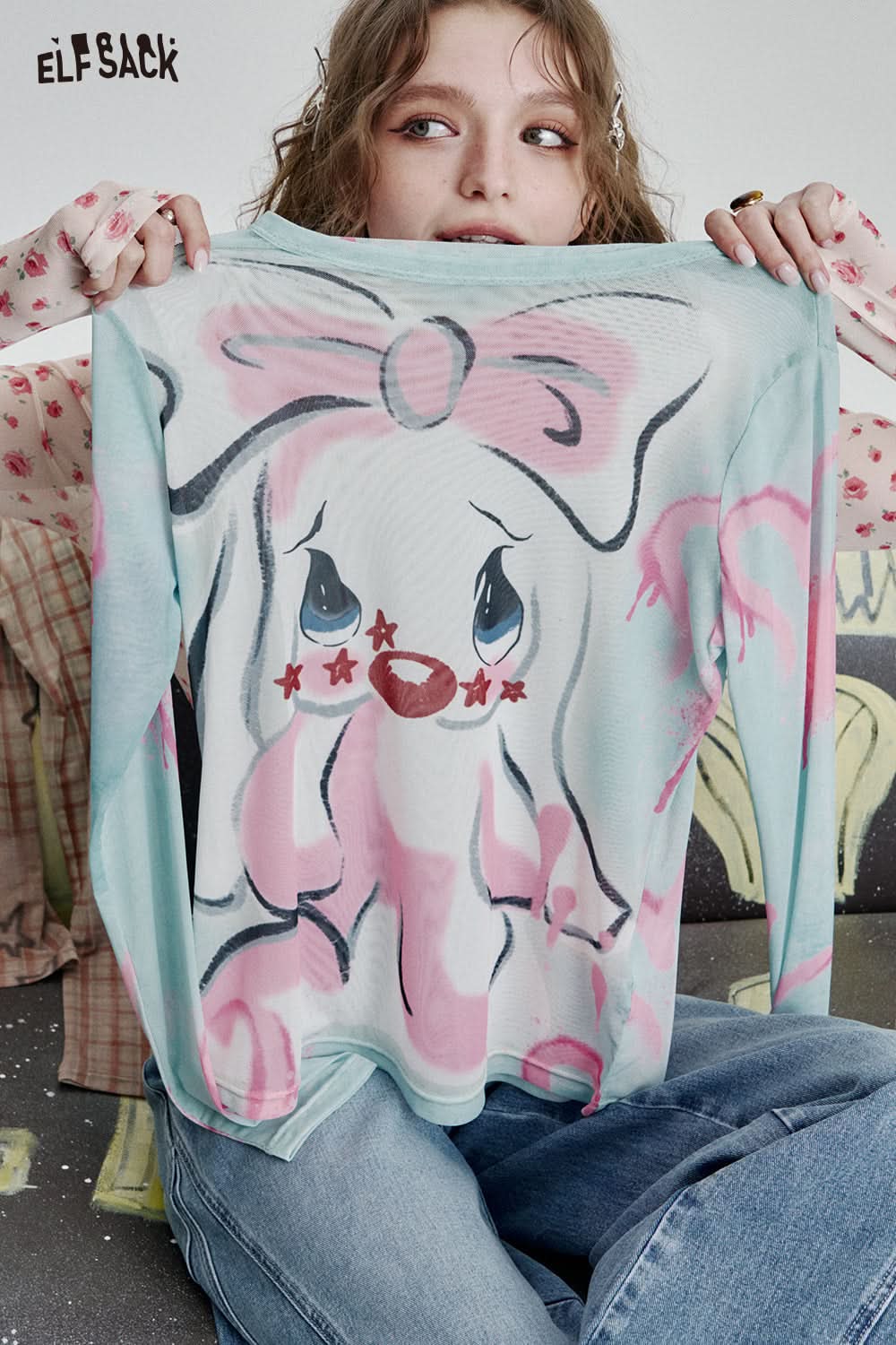 ELFSACK Full print slim fit mesh long sleeve t-shirt Y2K cute sexy semi-transparent top