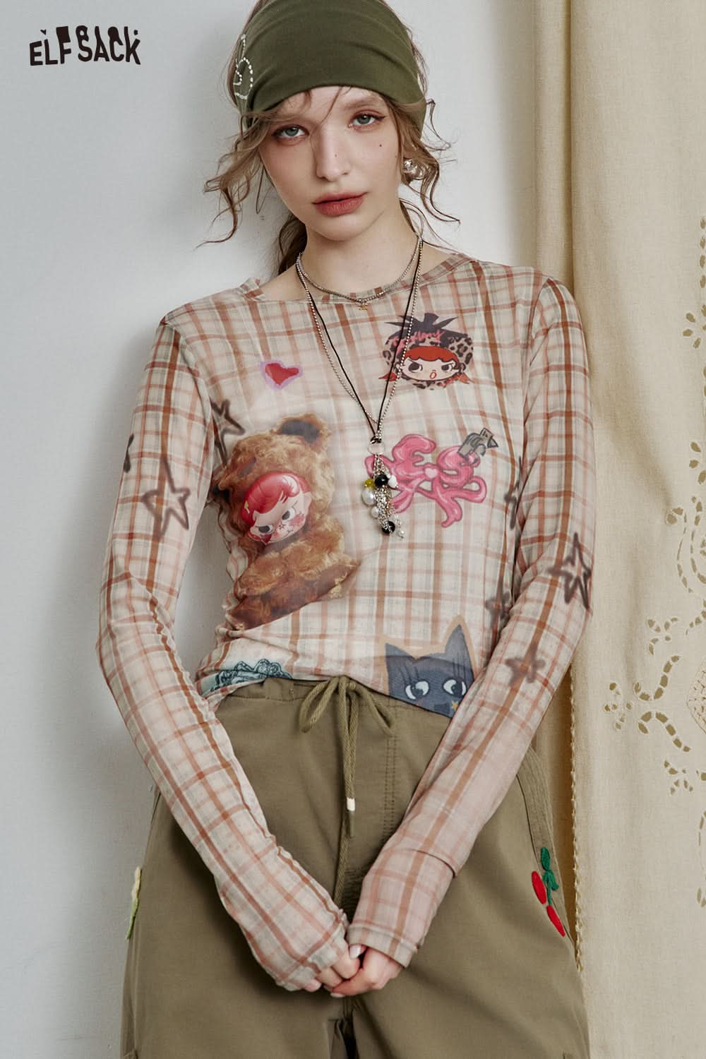 ELFSACK Full print slim fit mesh long sleeve t-shirt Y2K cute sexy semi-transparent top