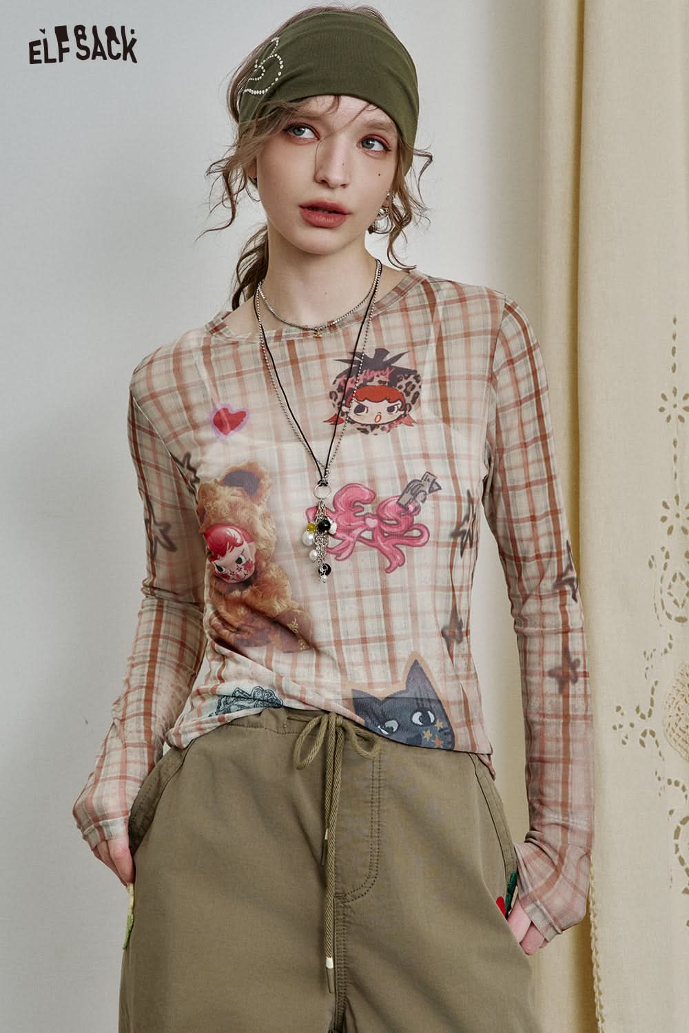 ELFSACK Full print slim fit mesh long sleeve t-shirt Y2K cute sexy semi-transparent top