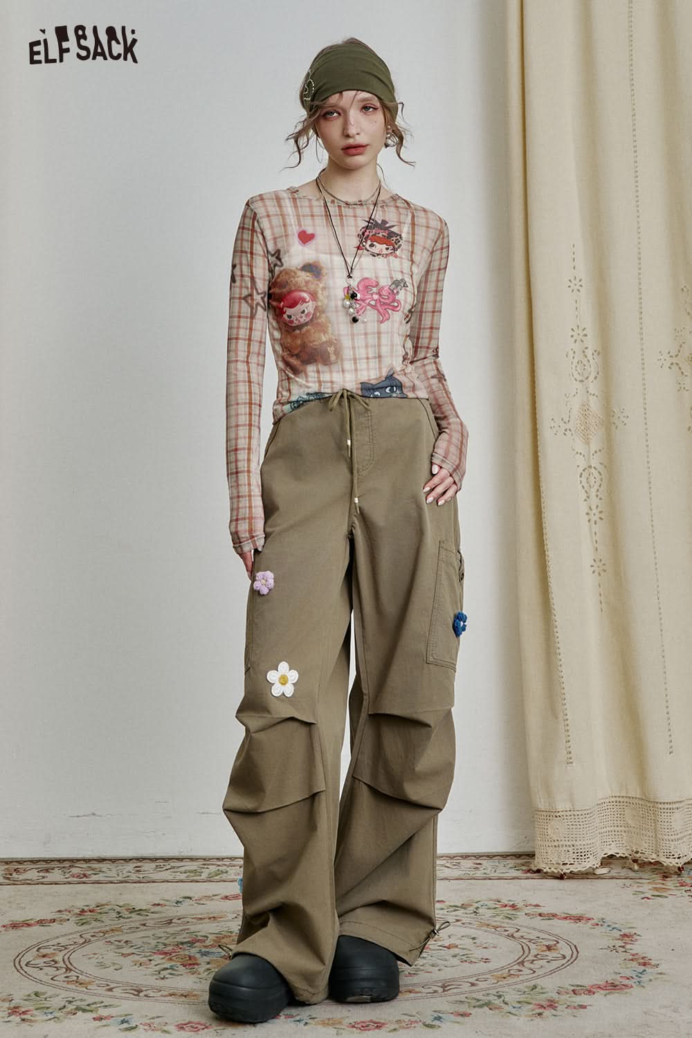 ELFSACK Full print slim fit mesh long sleeve t-shirt Y2K cute sexy semi-transparent top