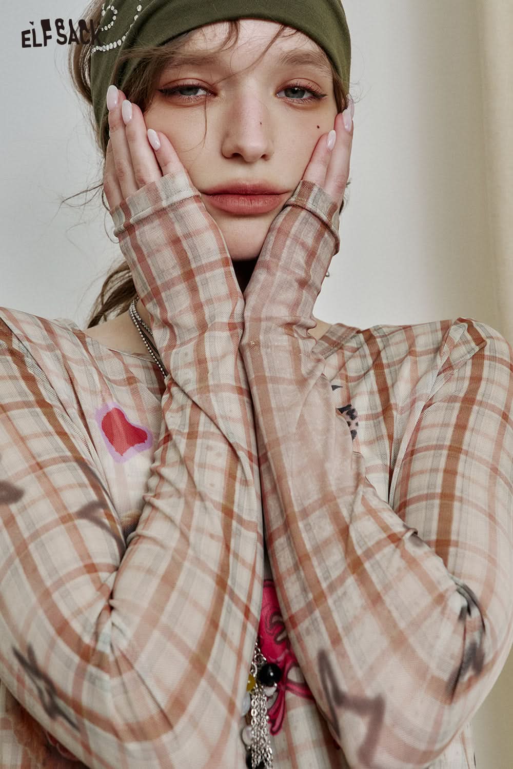 ELFSACK Full print slim fit mesh long sleeve t-shirt Y2K cute sexy semi-transparent top