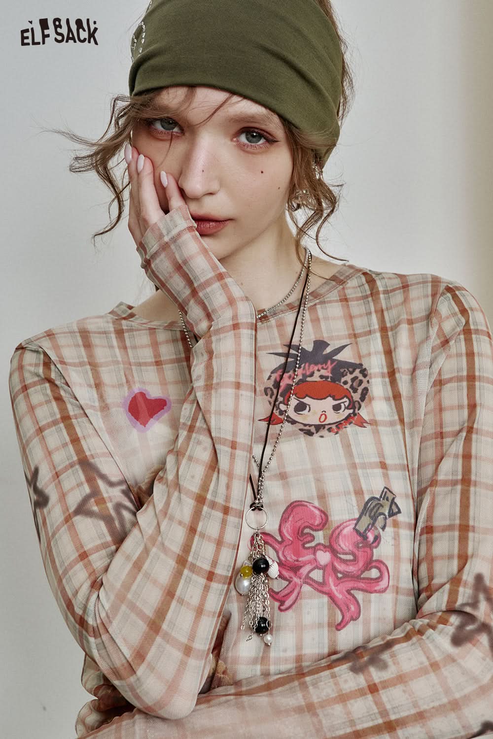 ELFSACK Full print slim fit mesh long sleeve t-shirt Y2K cute sexy semi-transparent top