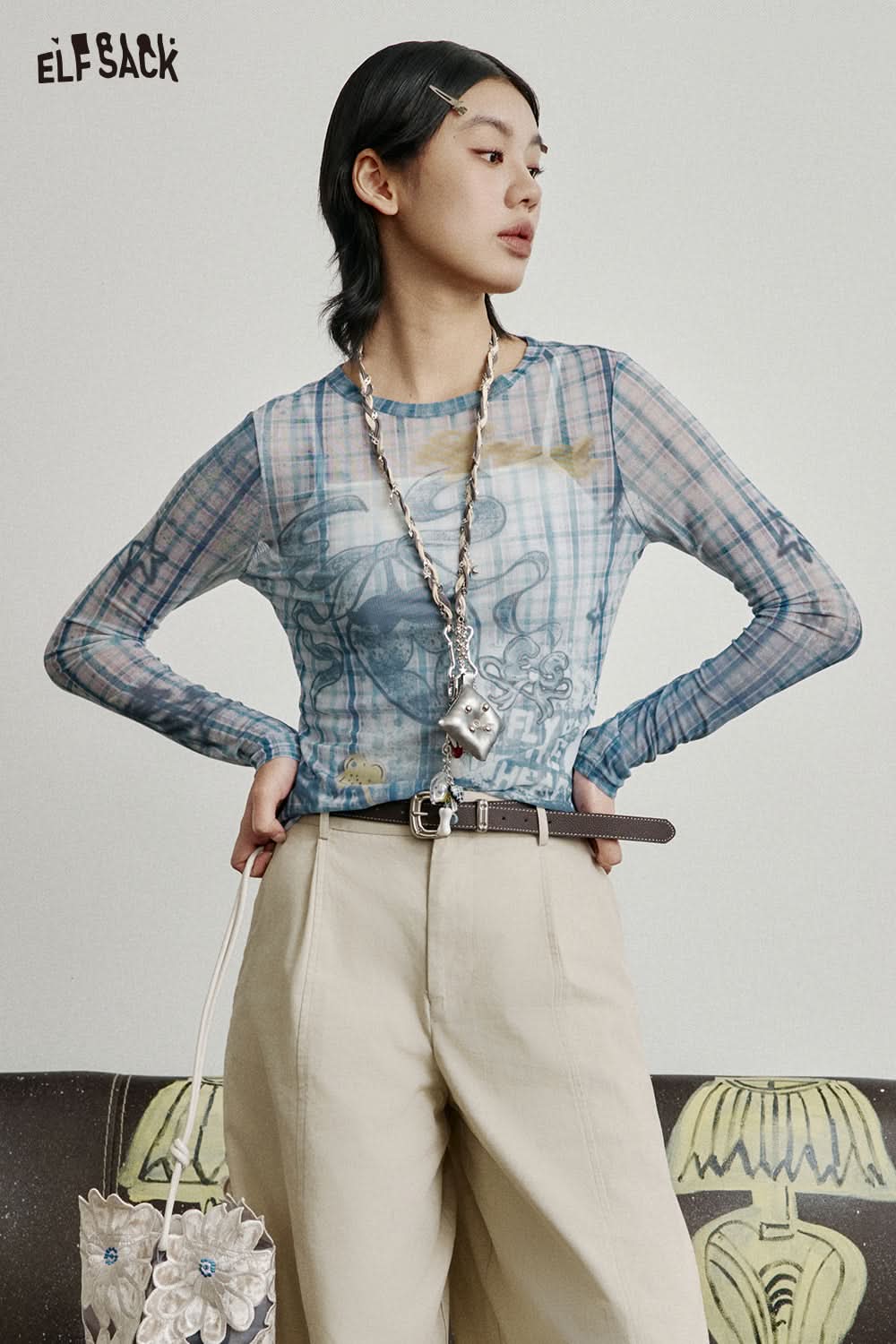 ELFSACK Full print slim fit mesh long sleeve t-shirt Y2K cute sexy semi-transparent top