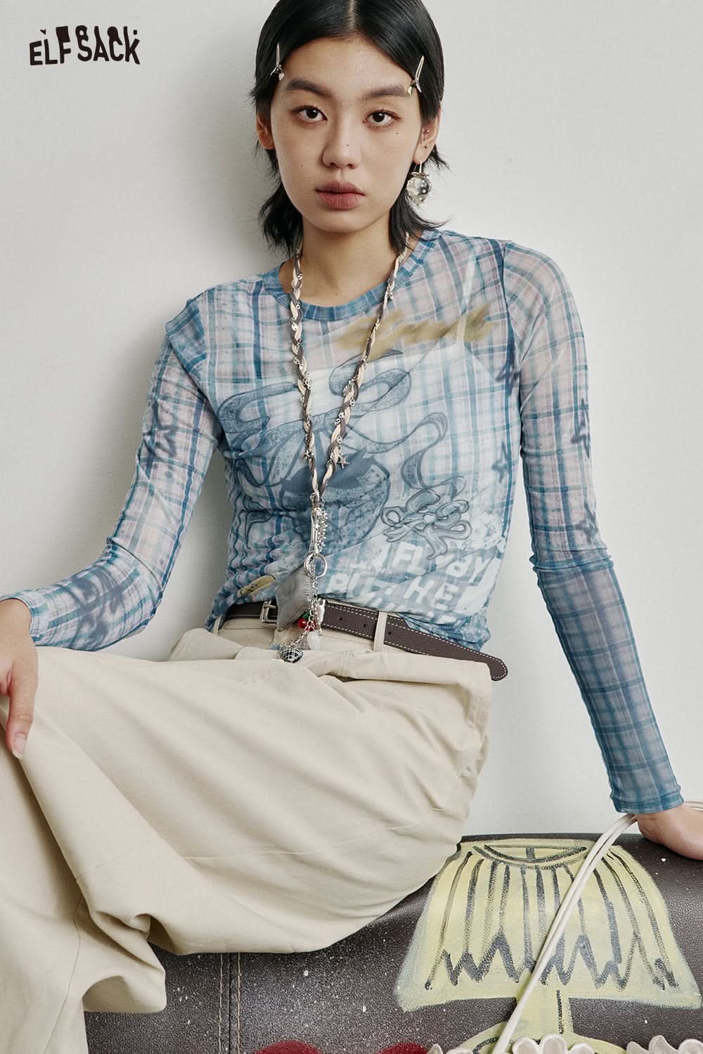 ELFSACK Full print slim fit mesh long sleeve t-shirt Y2K cute sexy semi-transparent top