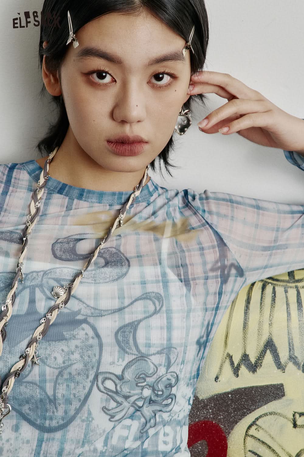 ELFSACK Full print slim fit mesh long sleeve t-shirt Y2K cute sexy semi-transparent top