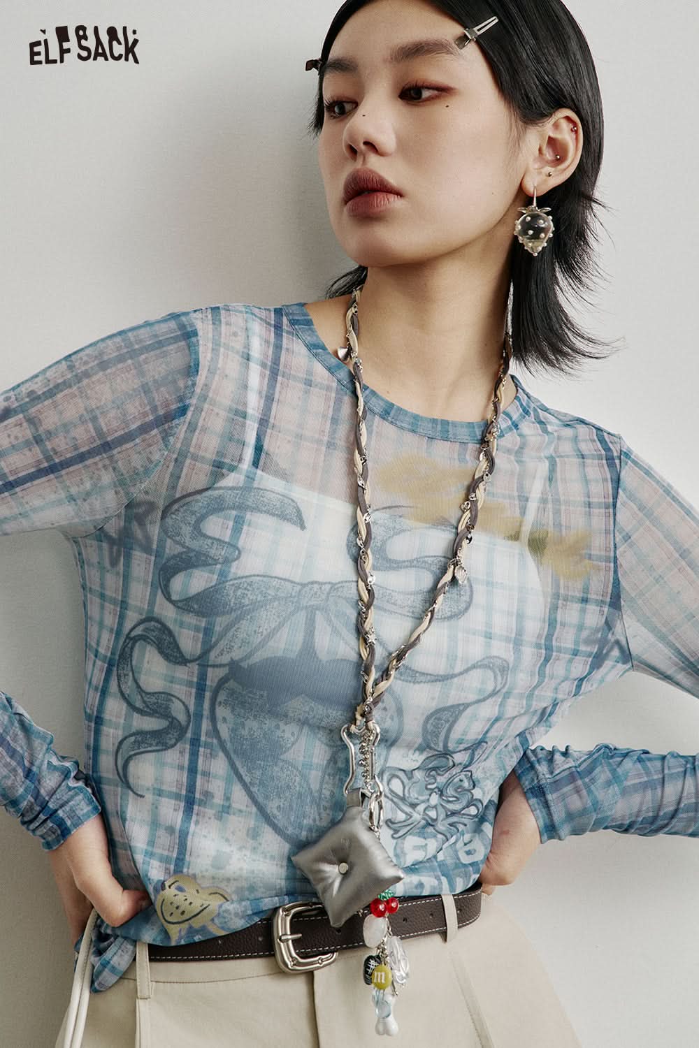 ELFSACK Full print slim fit mesh long sleeve t-shirt Y2K cute sexy semi-transparent top
