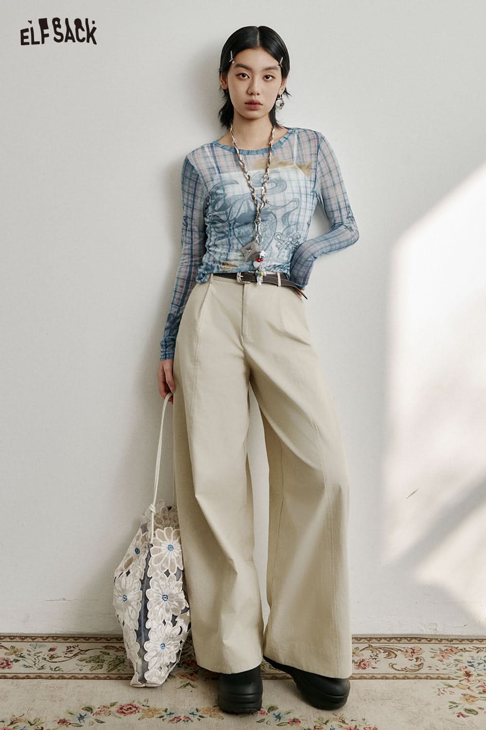 ELFSACK Full print slim fit mesh long sleeve t-shirt Y2K cute sexy semi-transparent top