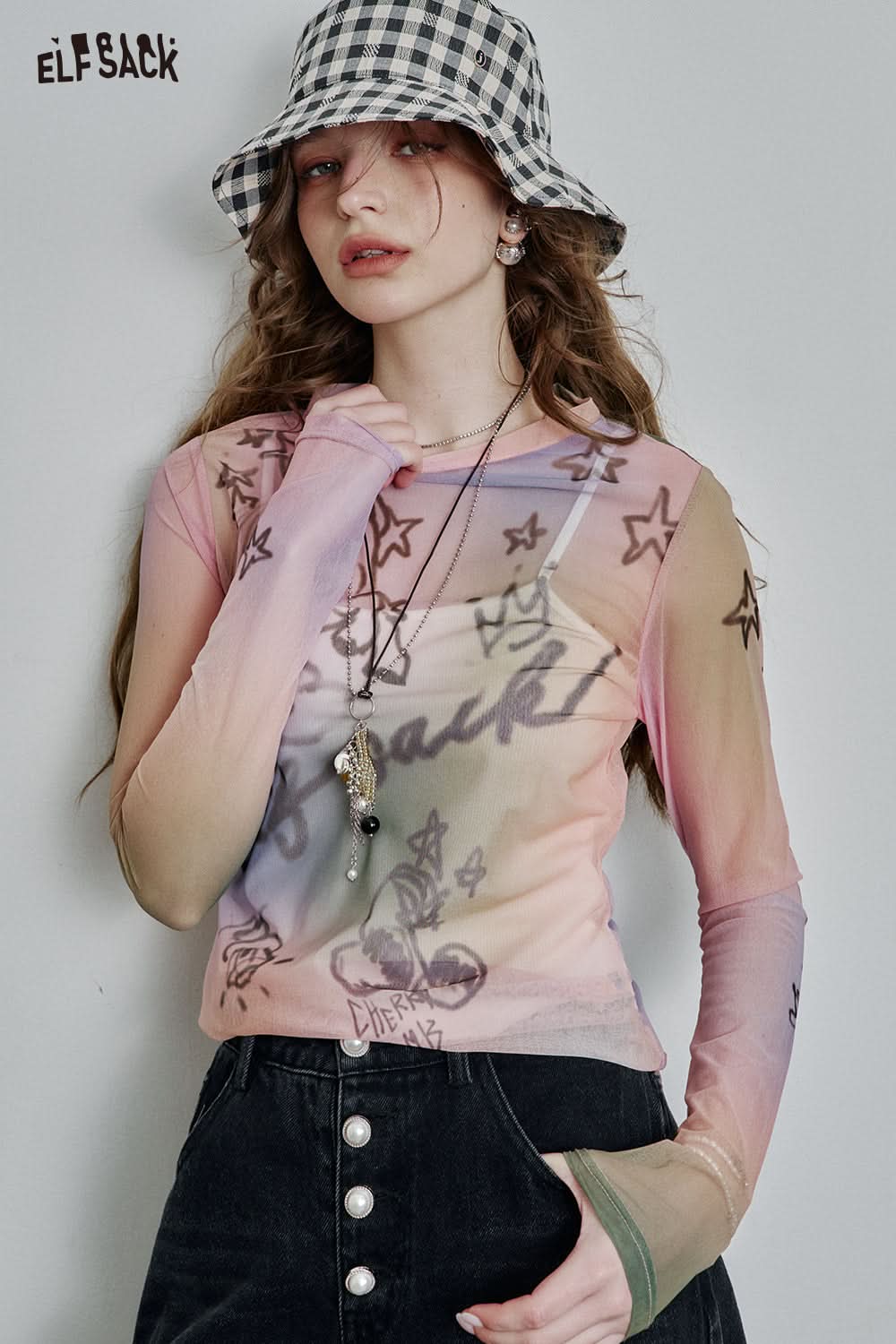 ELFSACK Full print slim fit mesh long sleeve t-shirt Y2K cute sexy semi-transparent top
