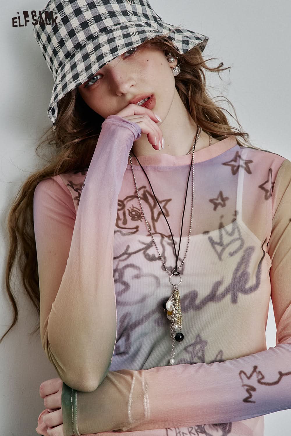 ELFSACK Full print slim fit mesh long sleeve t-shirt Y2K cute sexy semi-transparent top