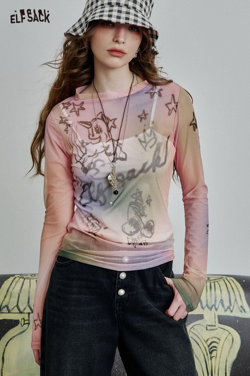 ELFSACK Full print slim fit mesh long sleeve t-shirt Y2K cute sexy semi-transparent top