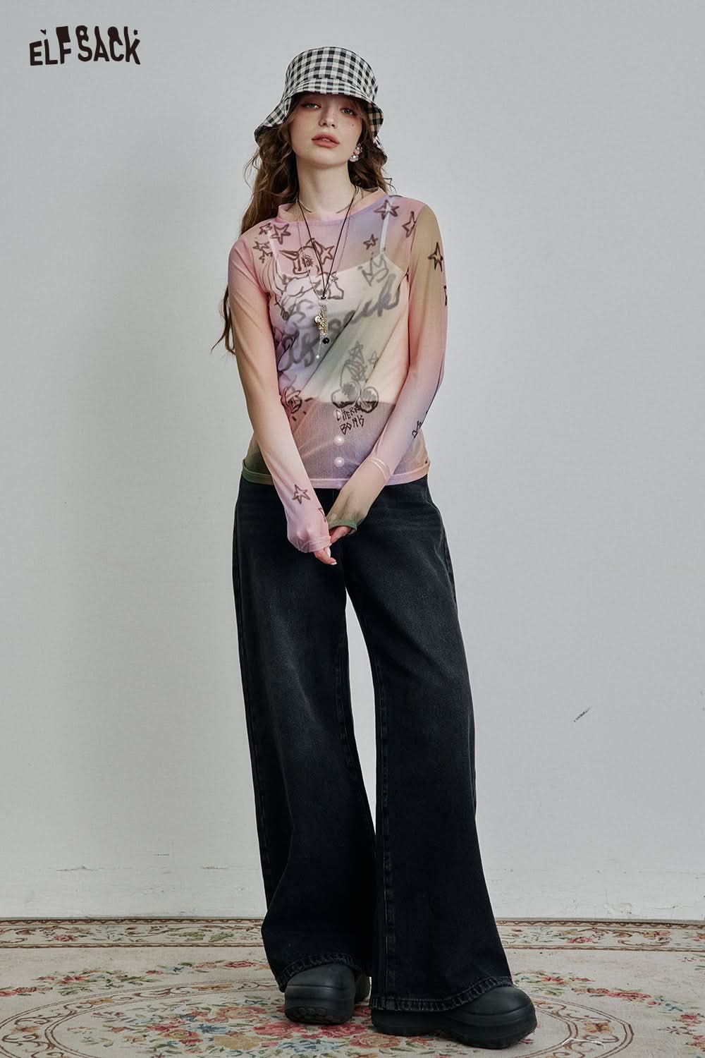 ELFSACK Full print slim fit mesh long sleeve t-shirt Y2K cute sexy semi-transparent top