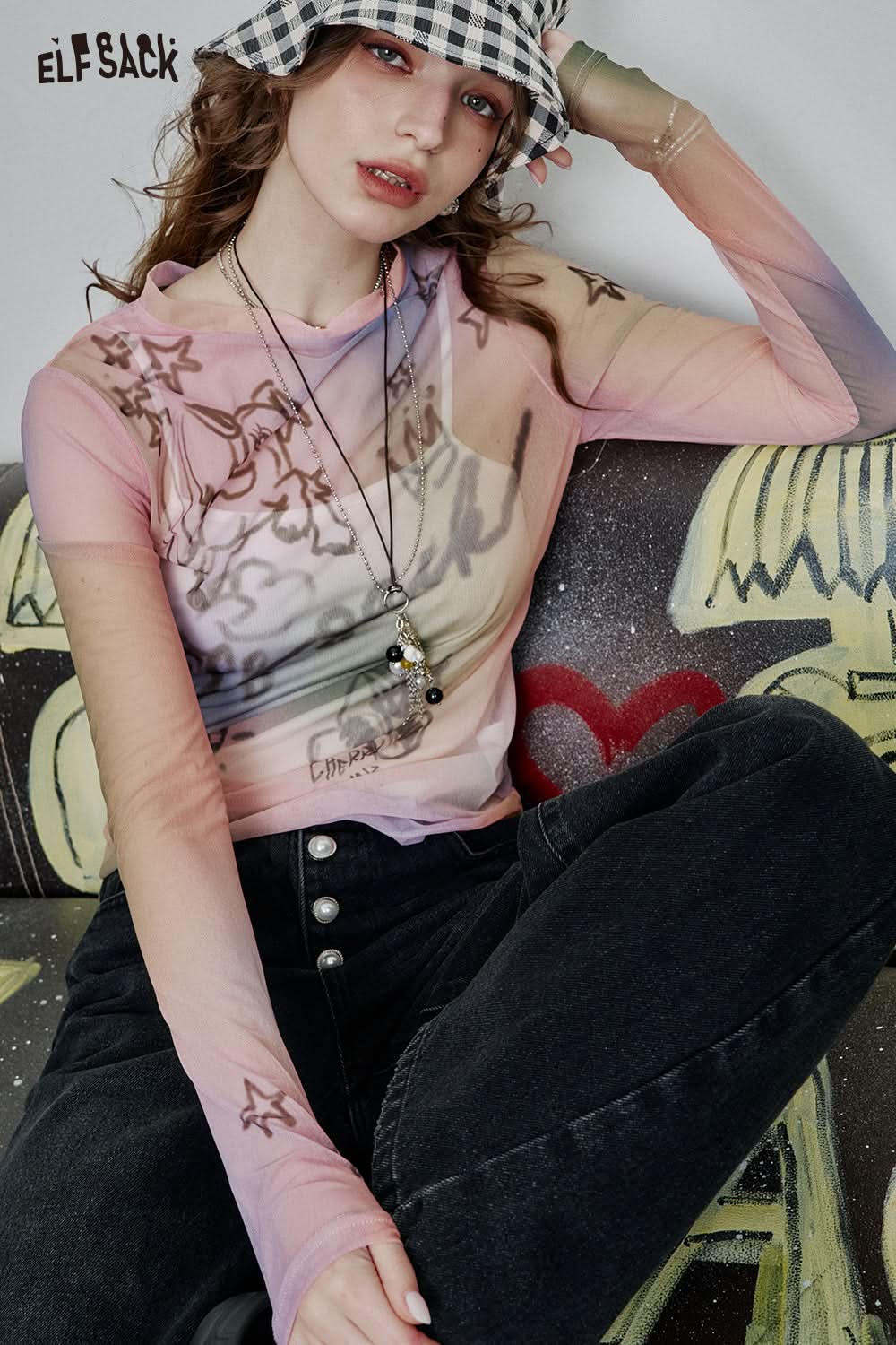 ELFSACK Full print slim fit mesh long sleeve t-shirt Y2K cute sexy semi-transparent top