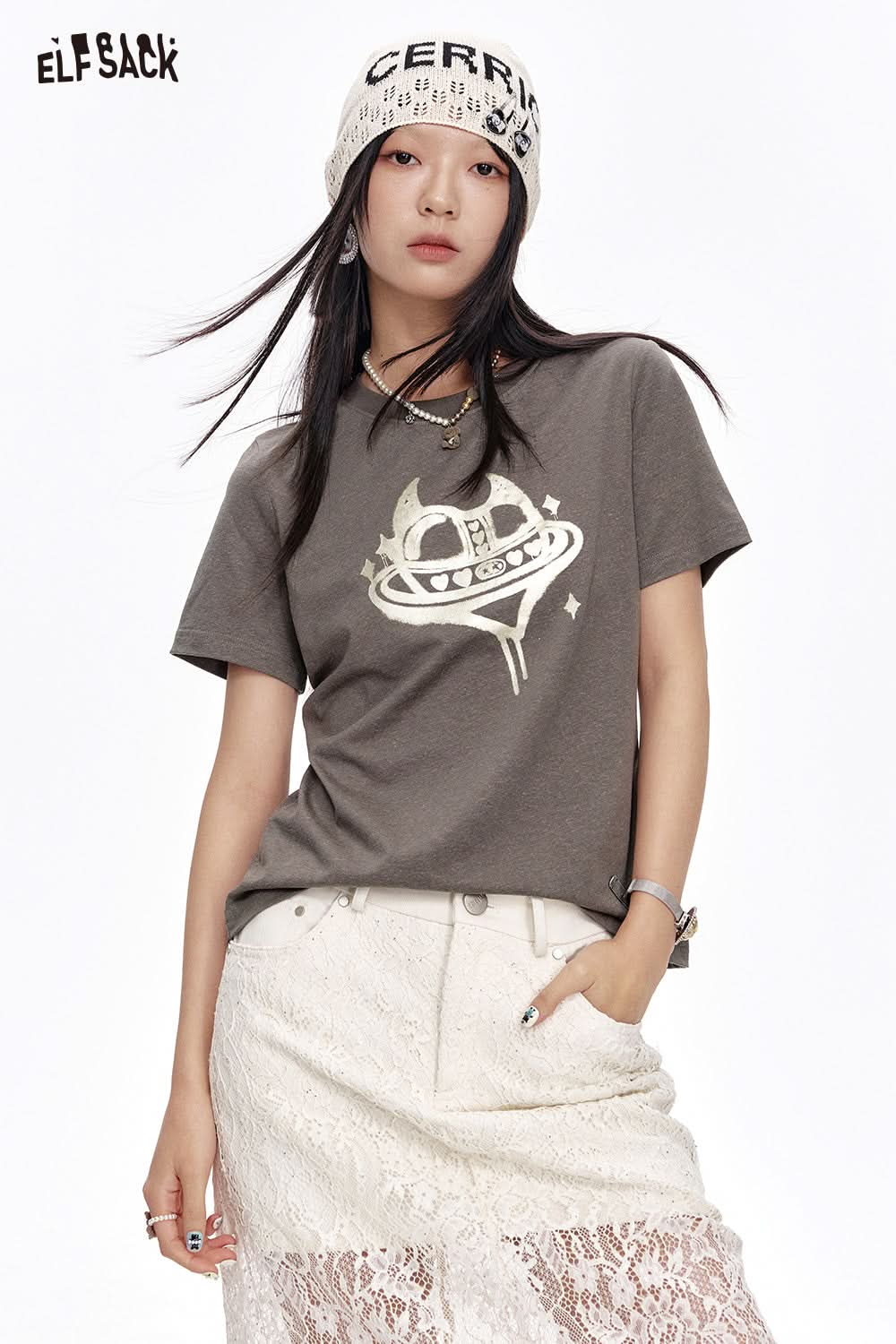 ELFSACK Sweet cool heart printed short sleeve slim T-shirt women