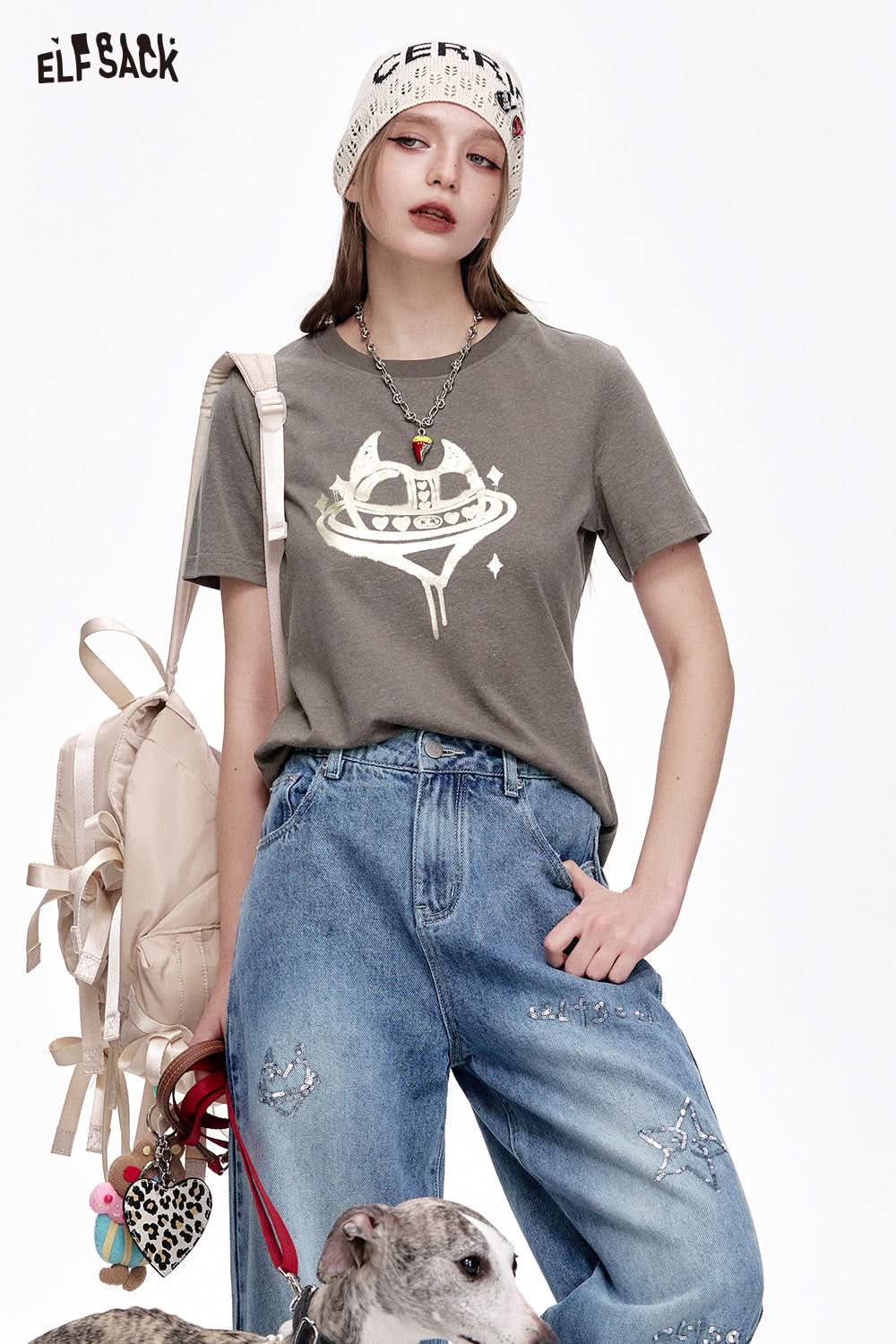 ELFSACK Sweet cool heart printed short sleeve slim T-shirt women