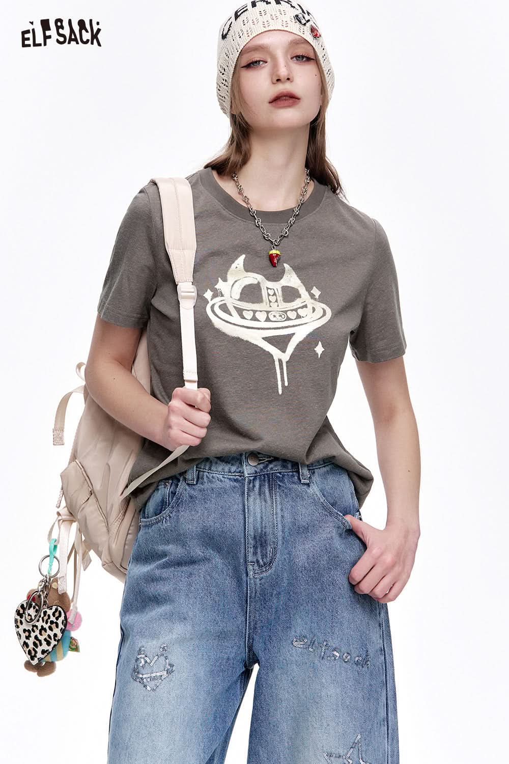 ELFSACK Sweet cool heart printed short sleeve slim T-shirt women