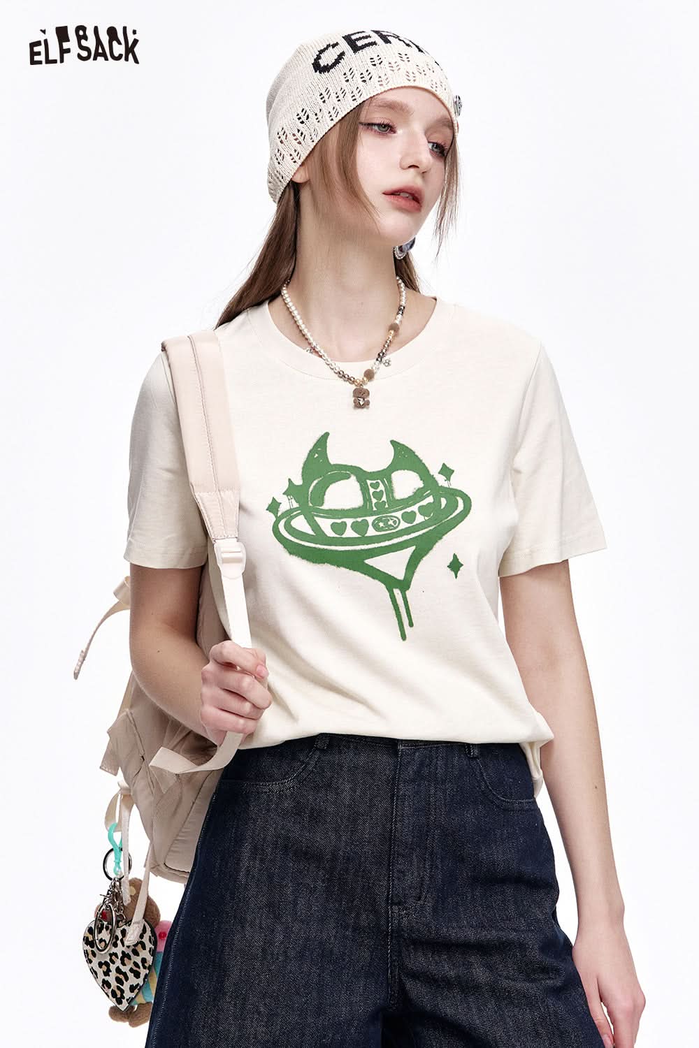 ELFSACK Sweet cool heart printed short sleeve slim T-shirt women