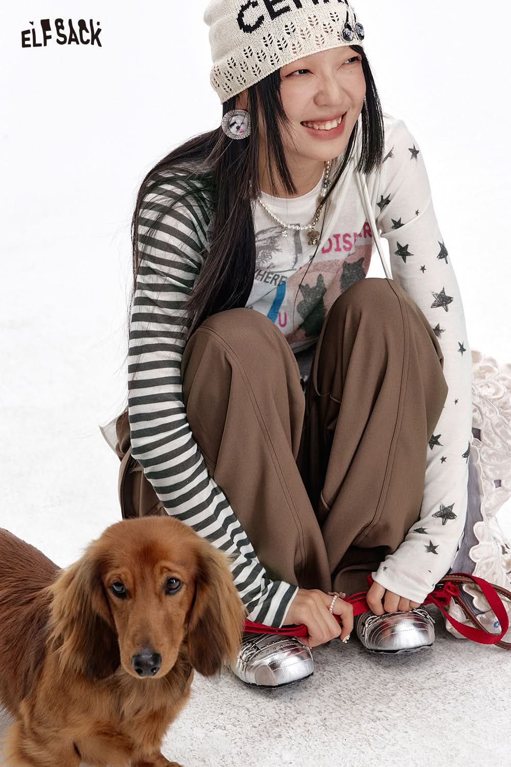 ELFSACK Y2K Striped Cat Print Long Sleeve T-Shirt Women