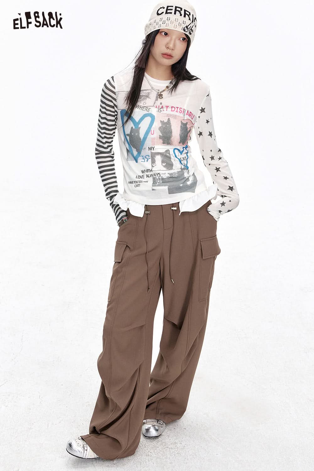 ELFSACK Y2K Striped Cat Print Long Sleeve T-Shirt Women