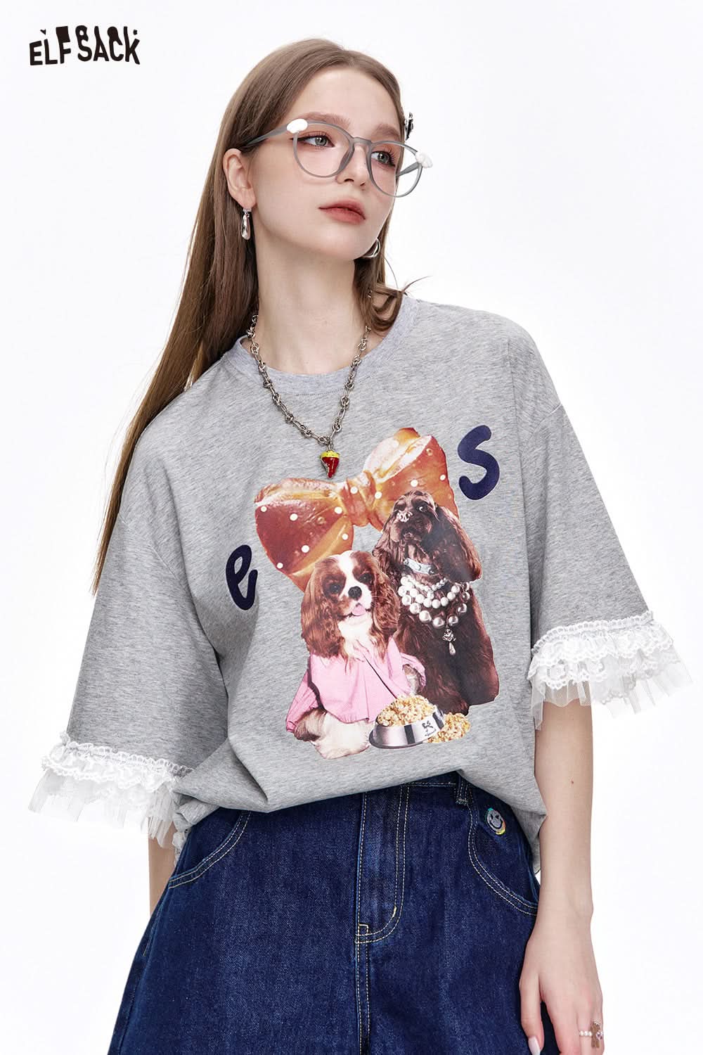 ELFSACK Y2K Casual Lace Stitching Grey Puppy Print Loose Short Sleeve T-Shirt Women