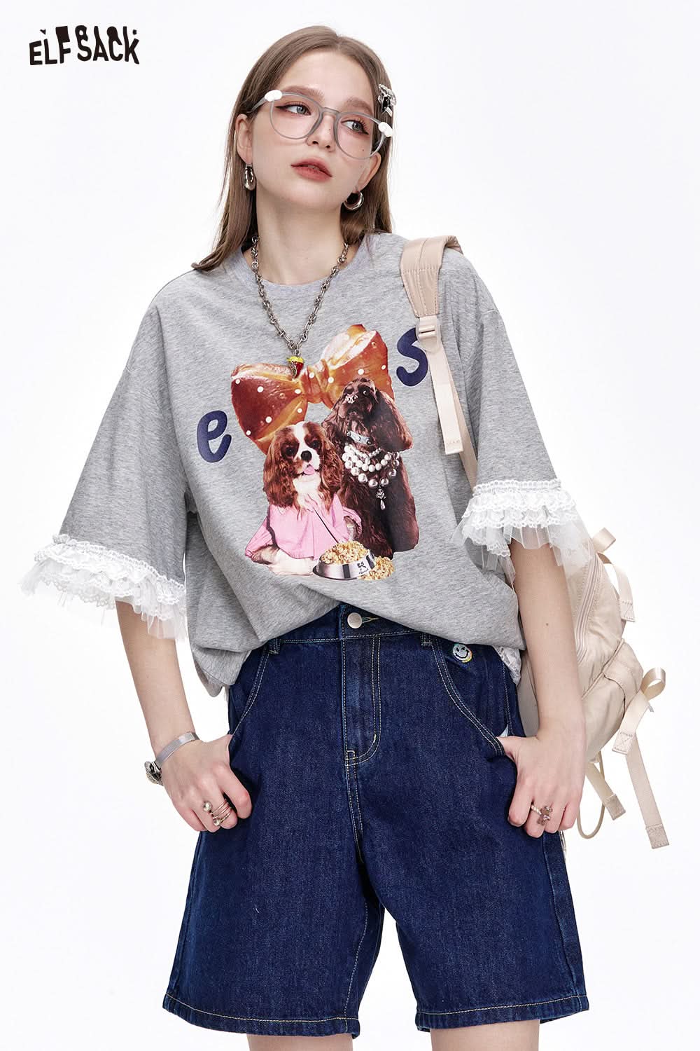 ELFSACK Y2K Casual Lace Stitching Grey Puppy Print Loose Short Sleeve T-Shirt Women