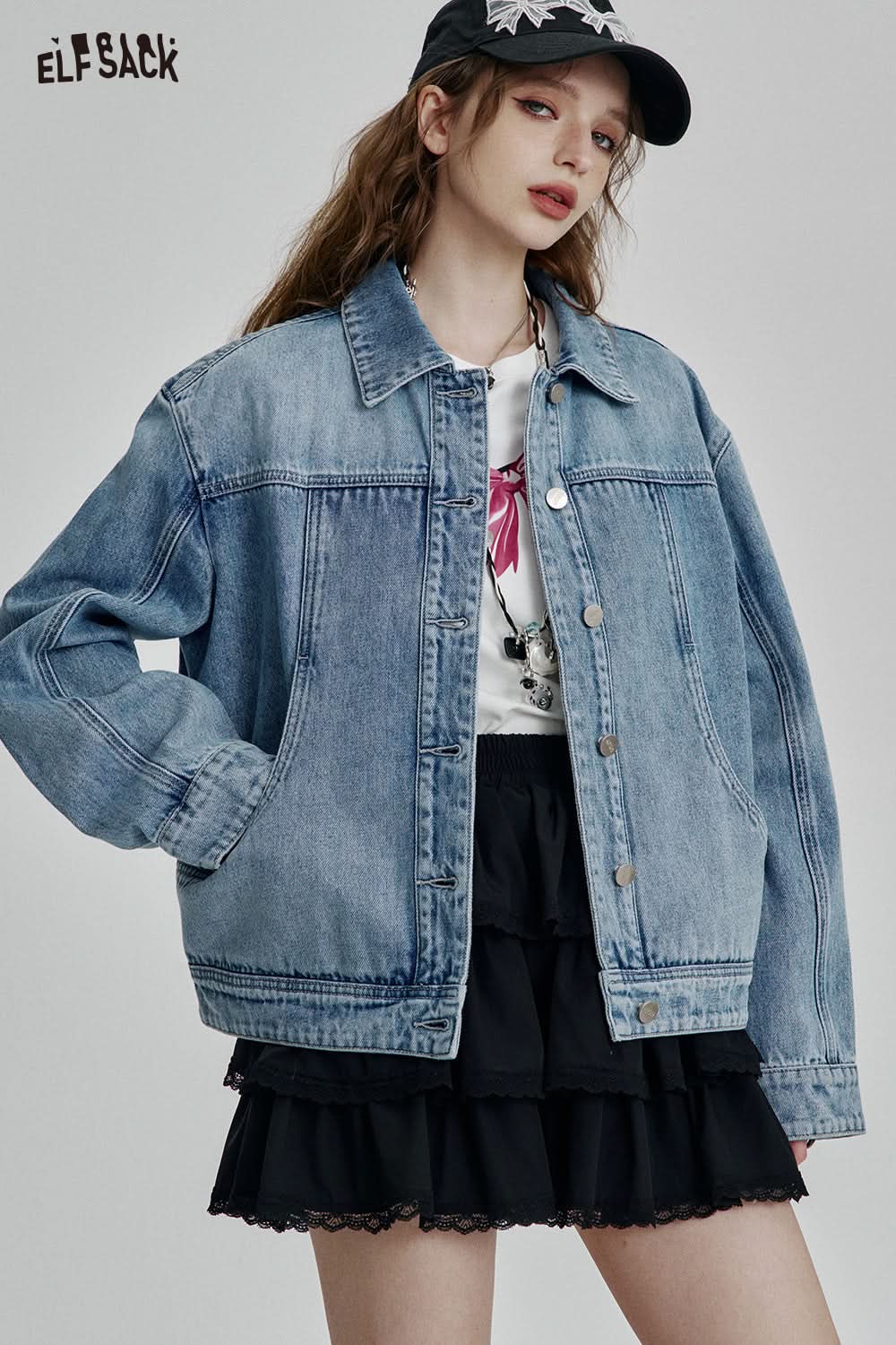 ELFSACK White Bow Print Short Sleeve T-Shirt Women Y2K Versatile Short Top