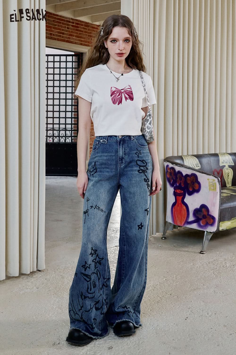 ELFSACK White Bow Print Short Sleeve T-Shirt Women Y2K Versatile Short Top