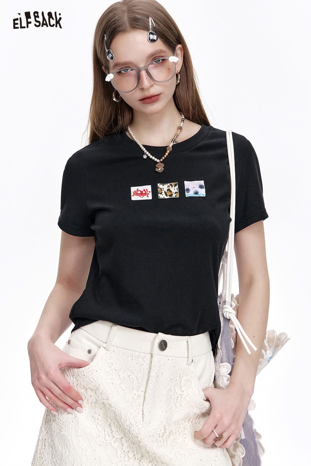 ELFSACK Casual Versatile Cartoon Print Slim Fit Short Sleeve T-shirt Women
