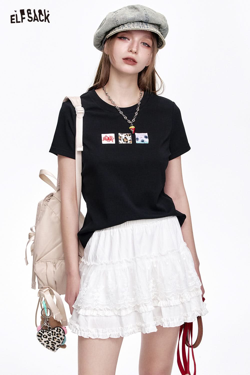 ELFSACK Casual Versatile Cartoon Print Slim Fit Short Sleeve T-shirt Women