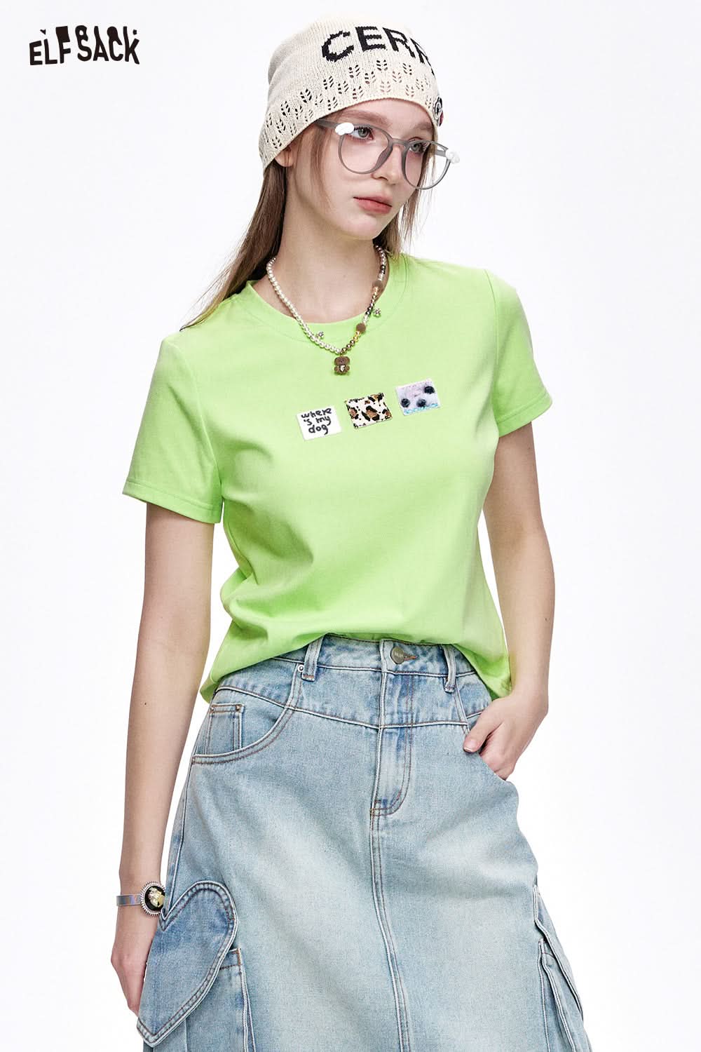 ELFSACK Casual Versatile Cartoon Print Slim Fit Short Sleeve T-shirt Women