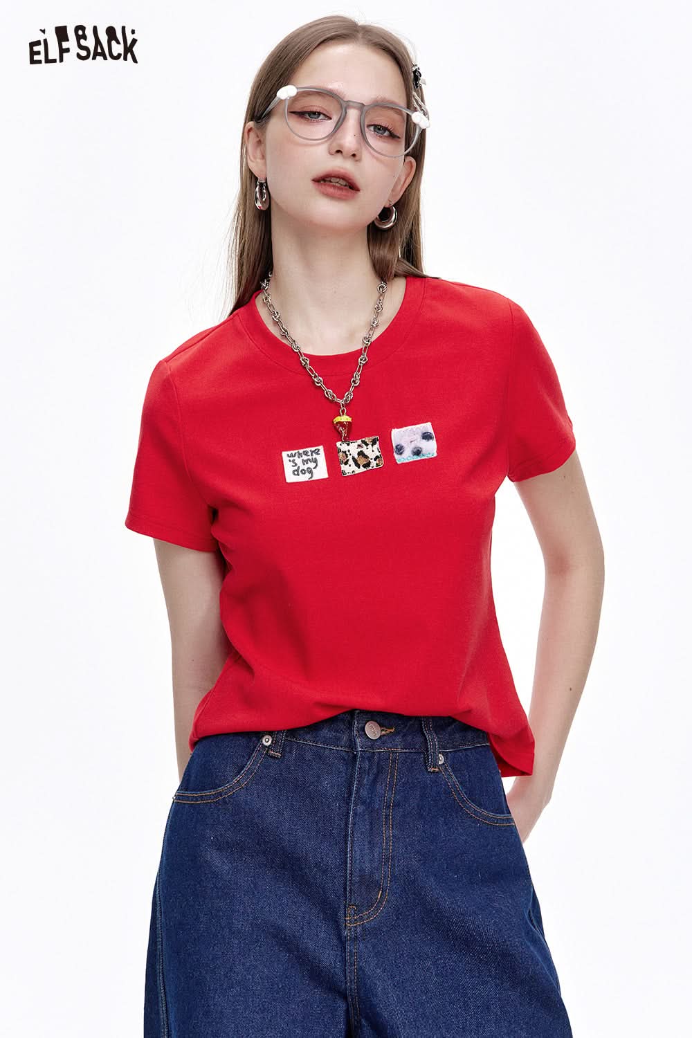 ELFSACK Casual Versatile Cartoon Print Slim Fit Short Sleeve T-shirt Women