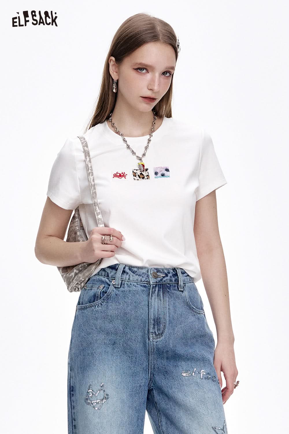 ELFSACK Casual Versatile Cartoon Print Slim Fit Short Sleeve T-shirt Women