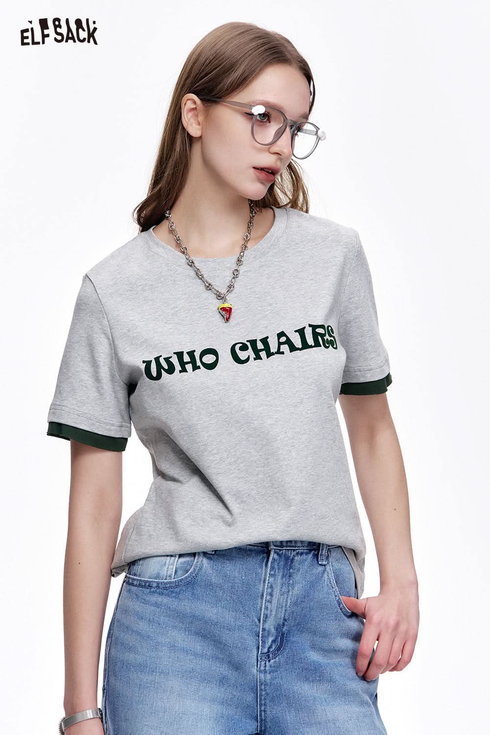 ELFSACK Versatile Letter Print Slim Fit Cotton Short Sleeve T-Shirt Women