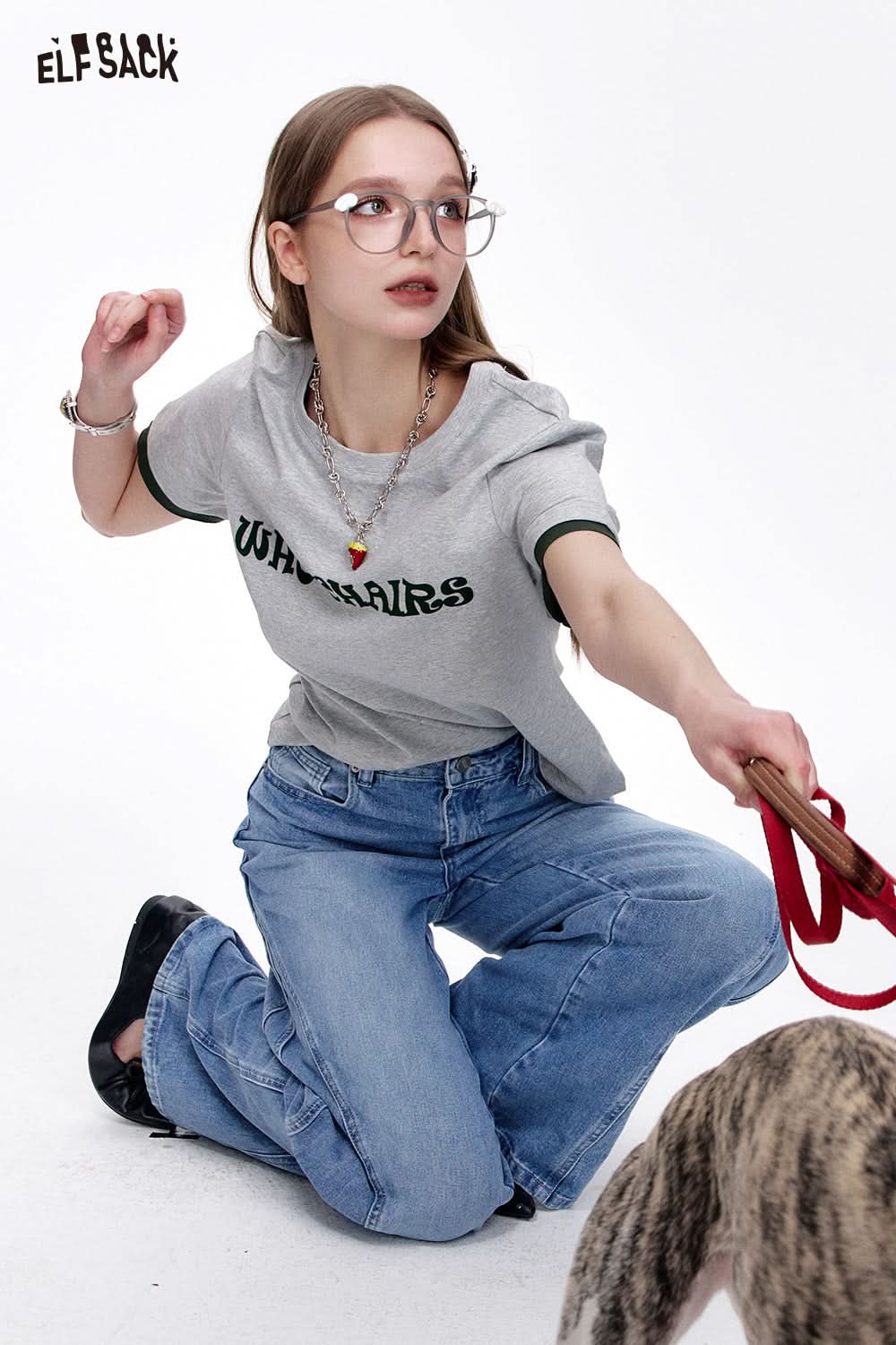 ELFSACK Versatile Letter Print Slim Fit Cotton Short Sleeve T-Shirt Women