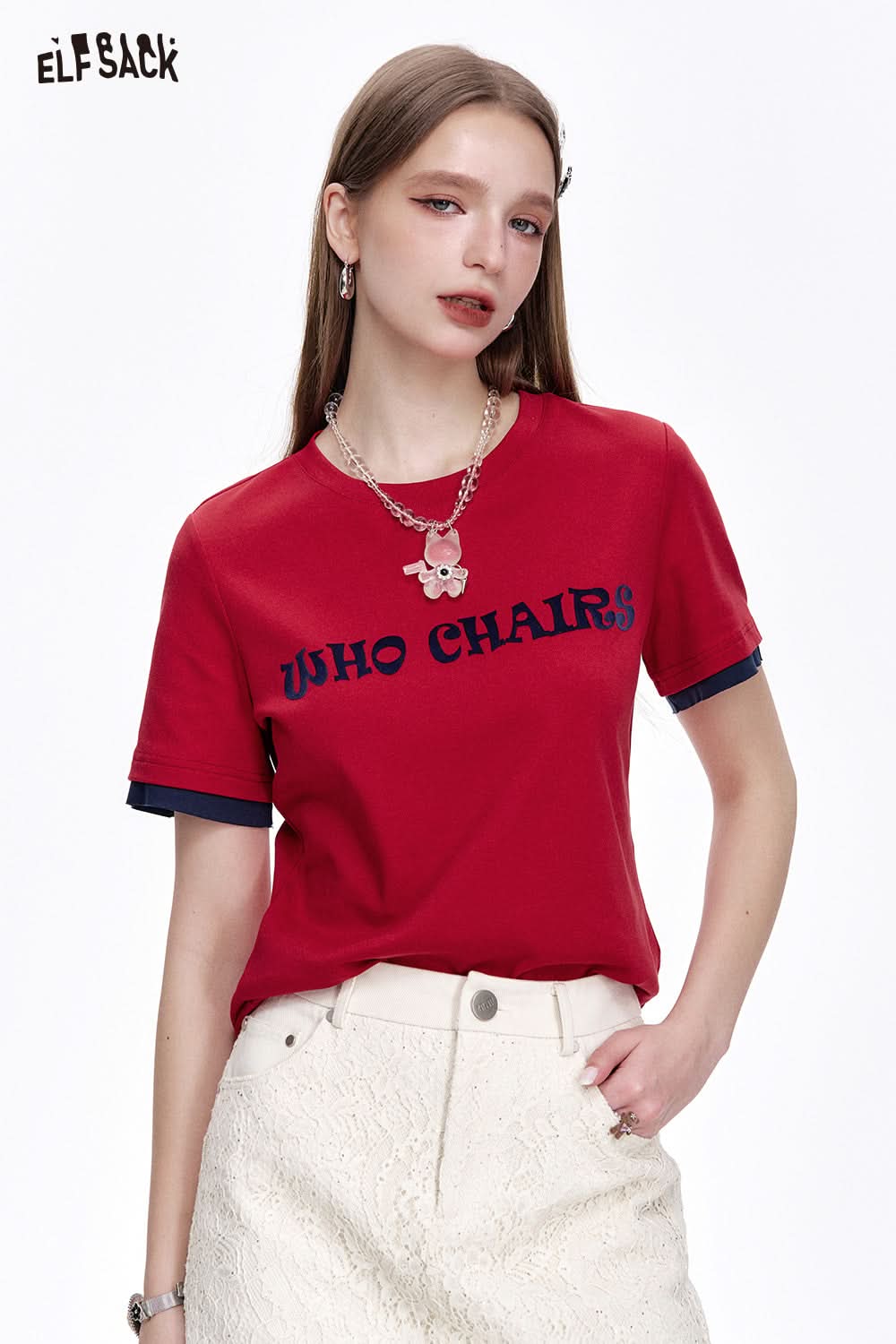 ELFSACK Versatile Letter Print Slim Fit Cotton Short Sleeve T-Shirt Women