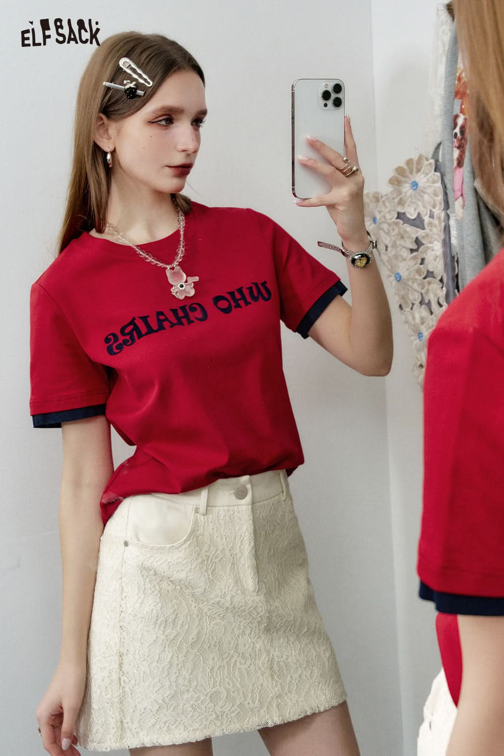 ELFSACK Versatile Letter Print Slim Fit Cotton Short Sleeve T-Shirt Women