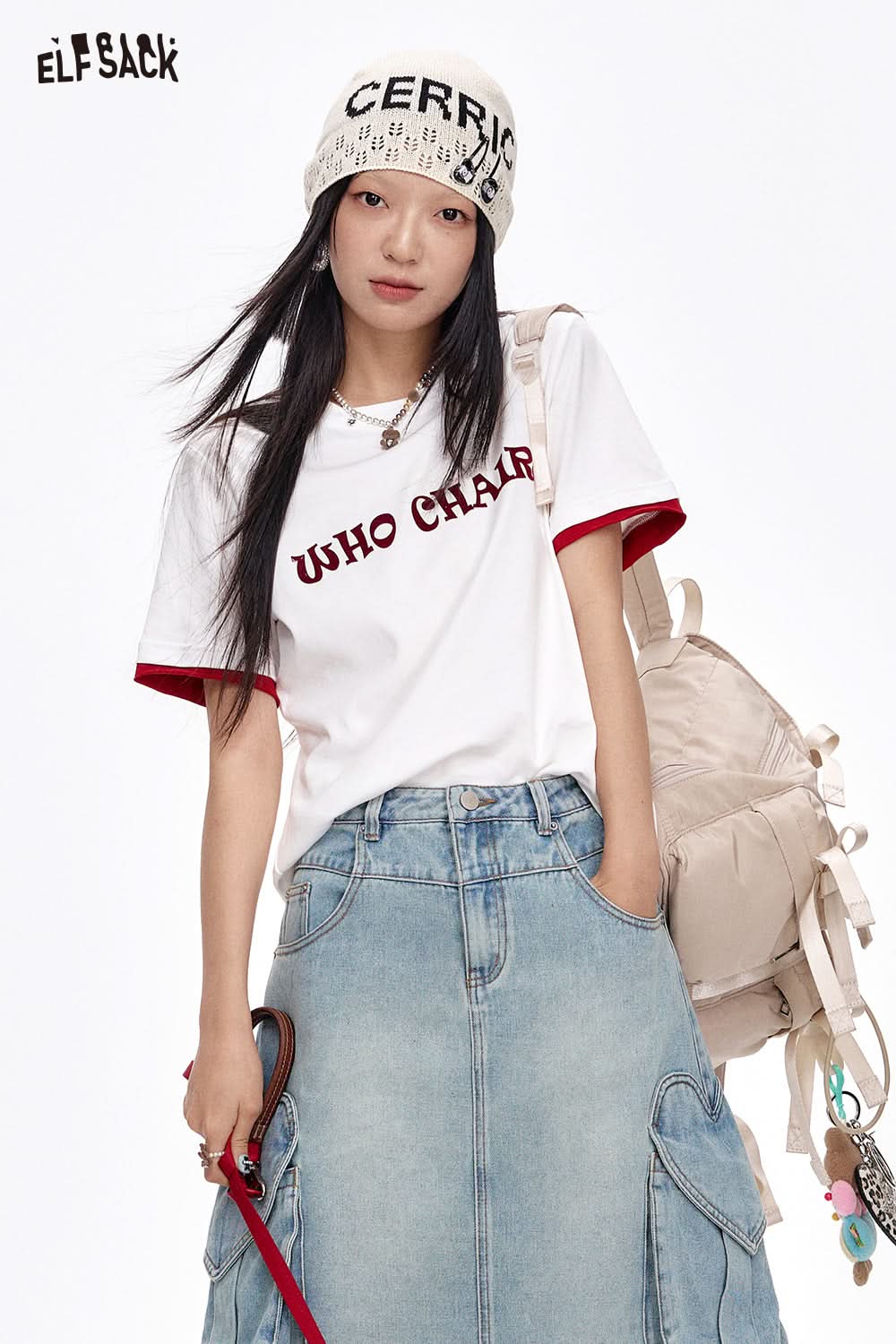 ELFSACK Versatile Letter Print Slim Fit Cotton Short Sleeve T-Shirt Women